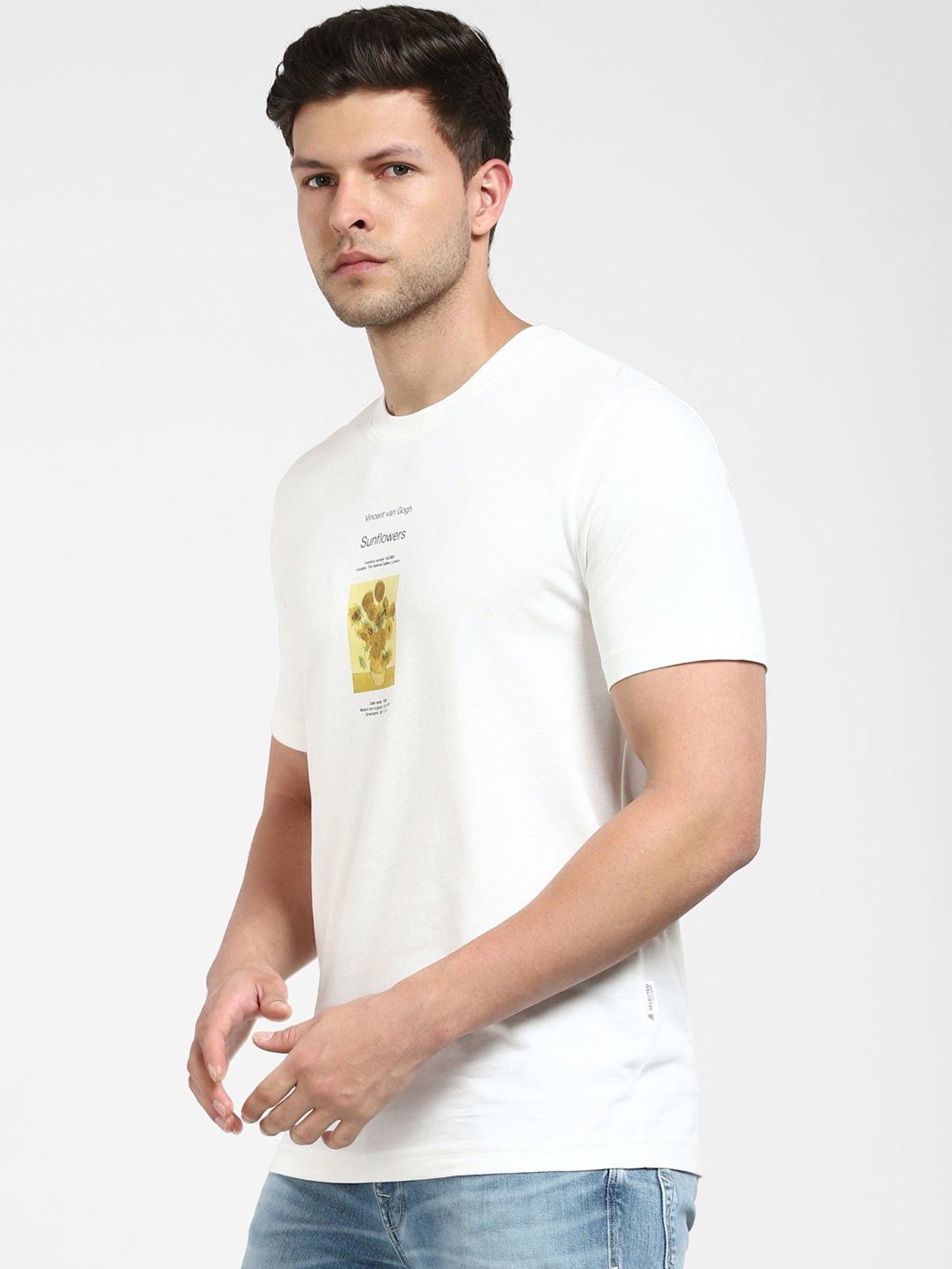 SELECTED HOMME White Slim Fit Printed Crew T-Shirt