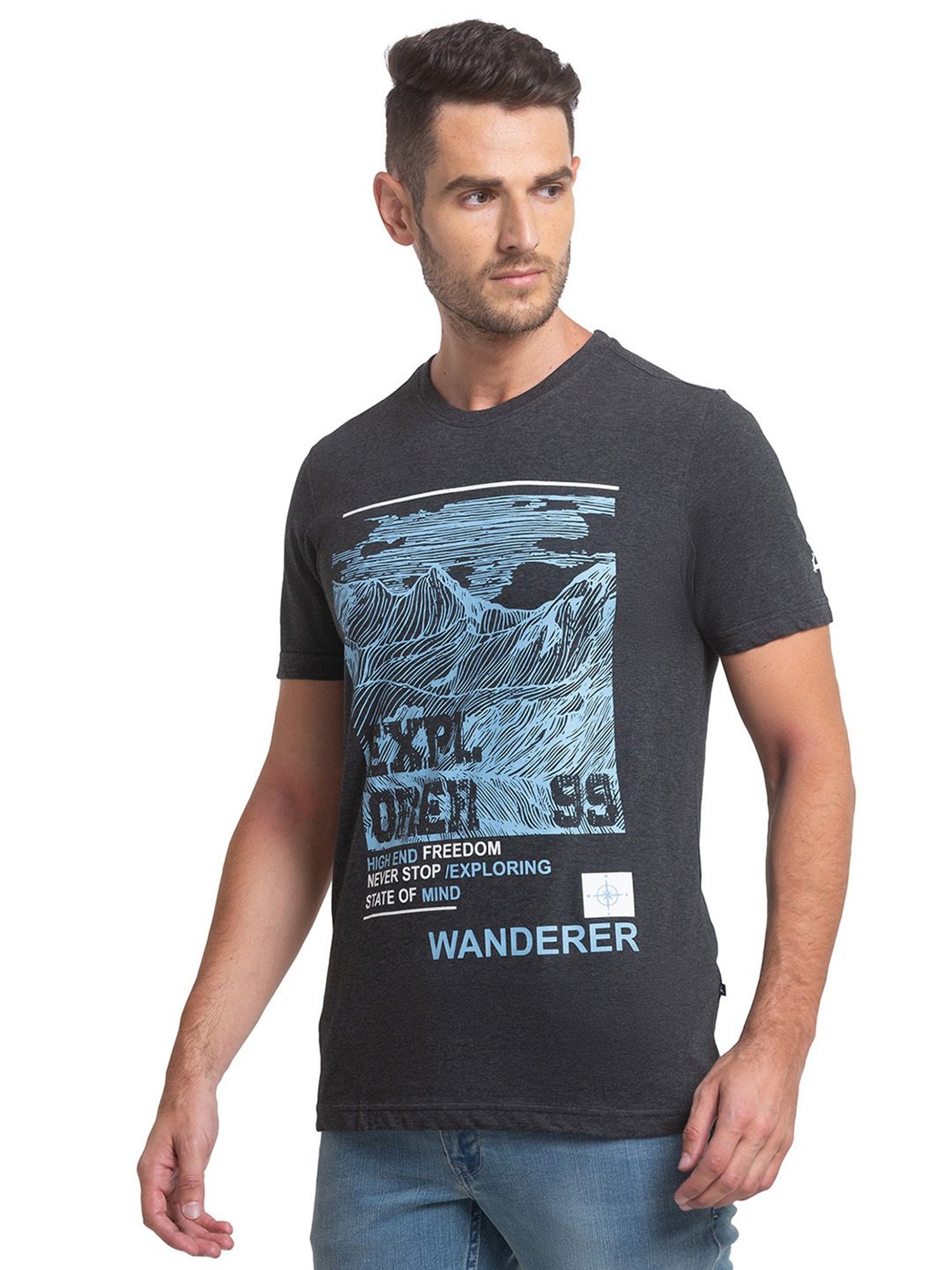 Parx Dark Grey Regular Fit Printed Crew T-Shirt