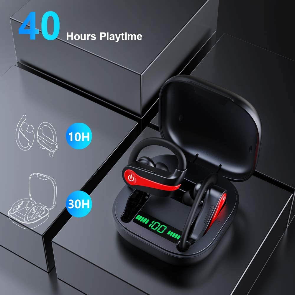 Ture Wireless Earbuds, Bluetooth 5.1 Sport Headphones IP7 Waterproof 40H Playtime TWS Earhooks Headset with Charging Case Stereo Sound CVC8.0 Noise Cancelling Wireless Earphone for Running Gym