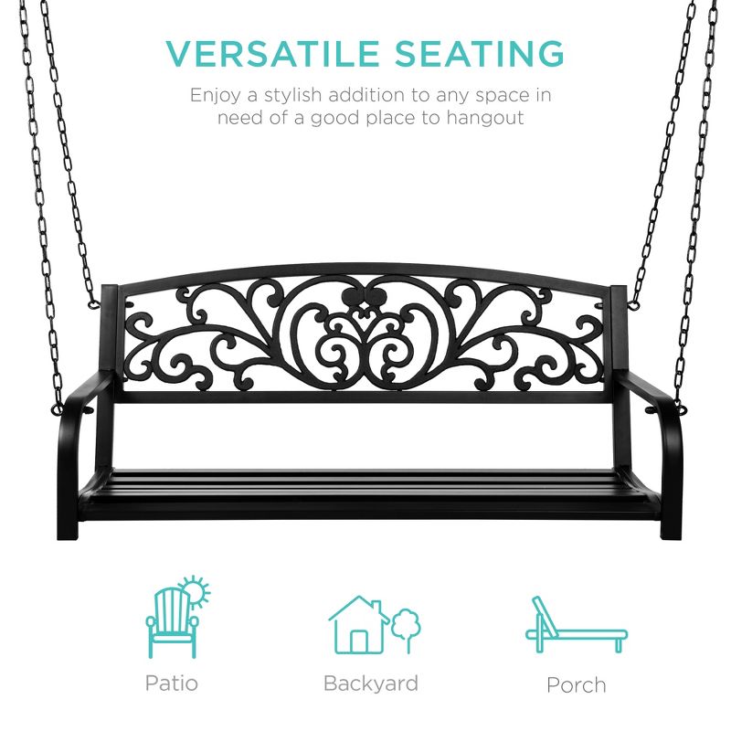 Best Choice Products 2-Person Metal Outdoor Porch Swing, Hanging Steel Patio Bench w/ Floral Accent - Black