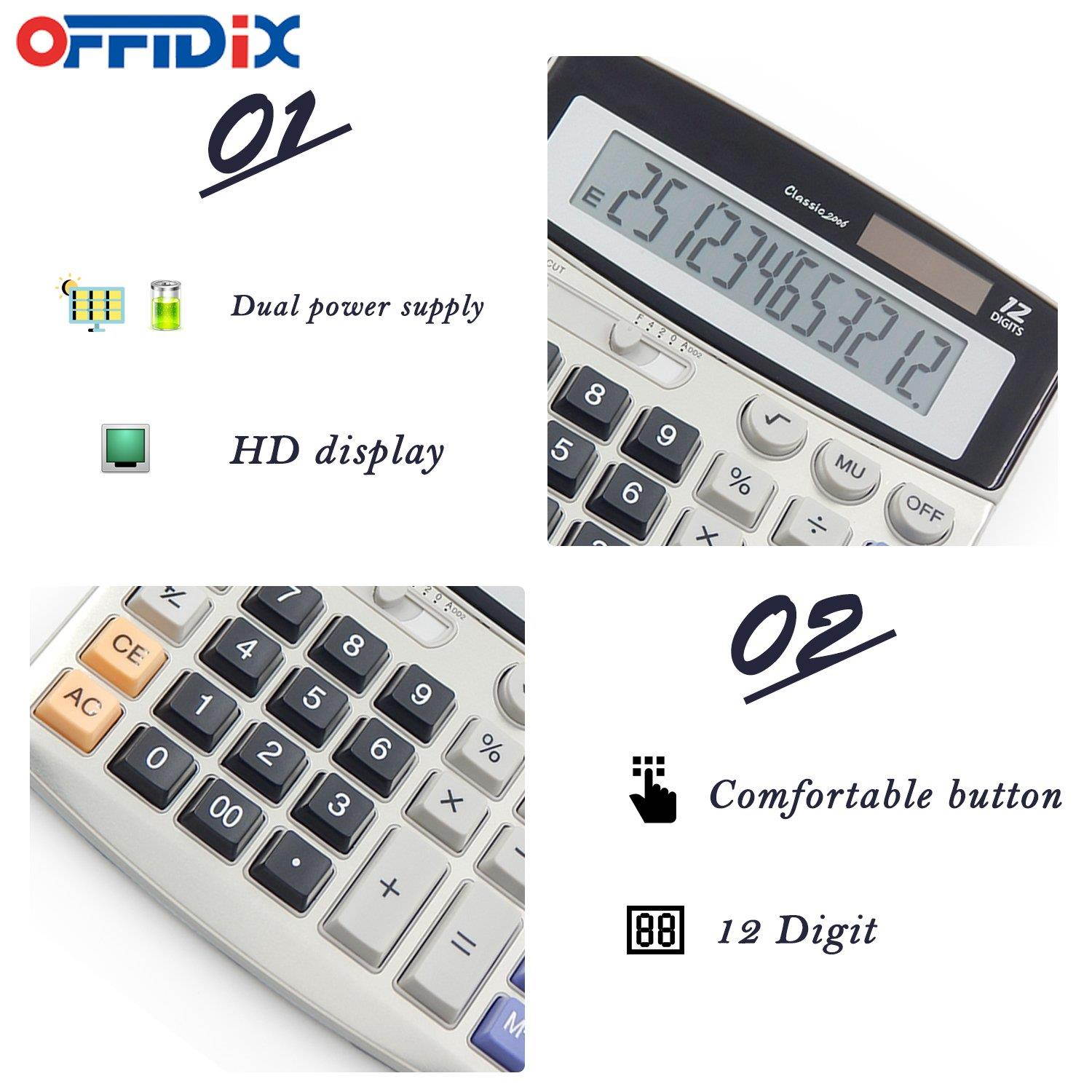 OFFIDIX Office Calculators Desktop Calculator,Basic Calculators, Solar Battery Dual Power Electronic Calculator Portable 12 Digit Large LCD Display Calculator Large Calculator