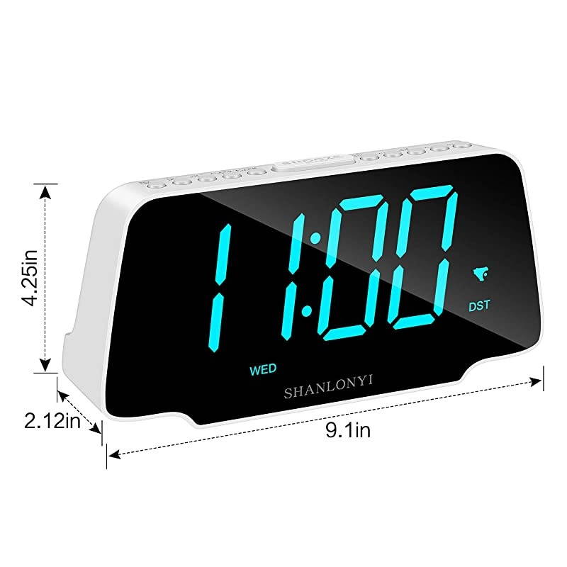 Loud Alarm Clock Radio with 9 Inch Blue LED Display for Bedroom, 3 Dimmer, Snooze, FM Radio, 12/24H, Auto DST, USB Chargers, Battery Backup for Kids, Heavy Sleepers, Elderly