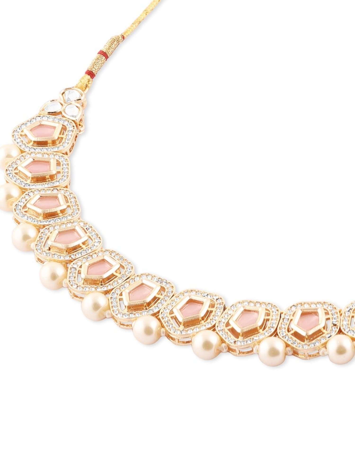 Zaveri Pearls Pink Stones Dazzling Austrian Diamonds Pearls Necklace Earring & Ring Set-ZPFK17286