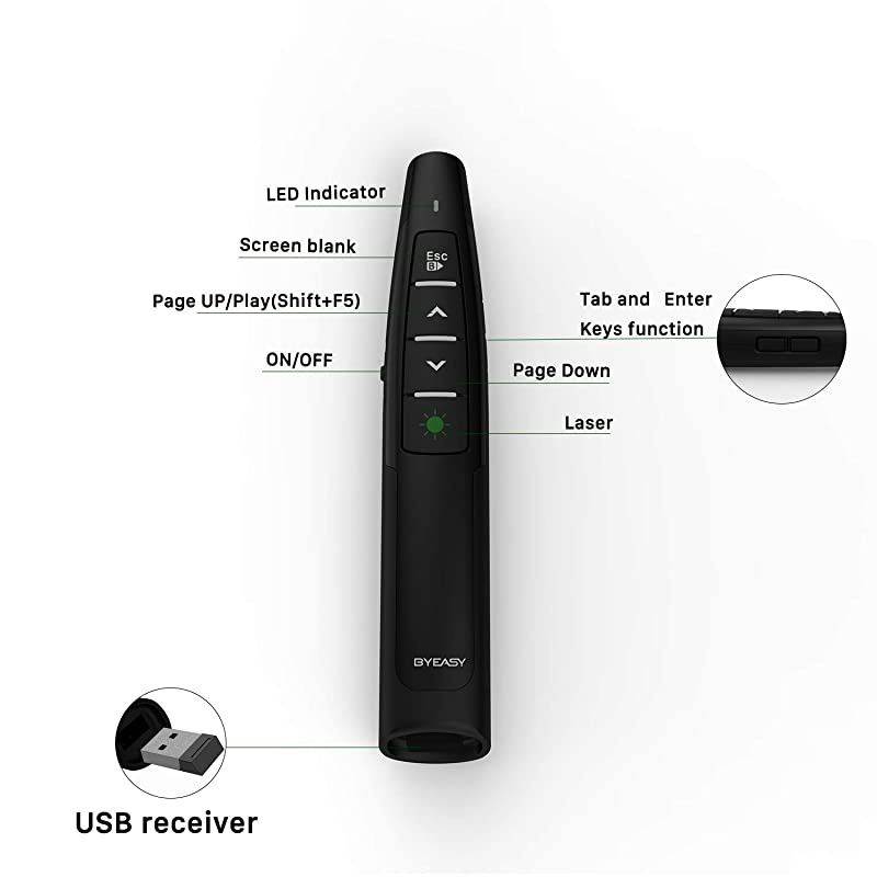 Wireless Presenter  Presentation Clicker with Green Laser Pointer for Presentations 100 ft RF 24GHz PowerPoint Clicker Remote for PowerPoint Presentations and Google Slides with Case Black