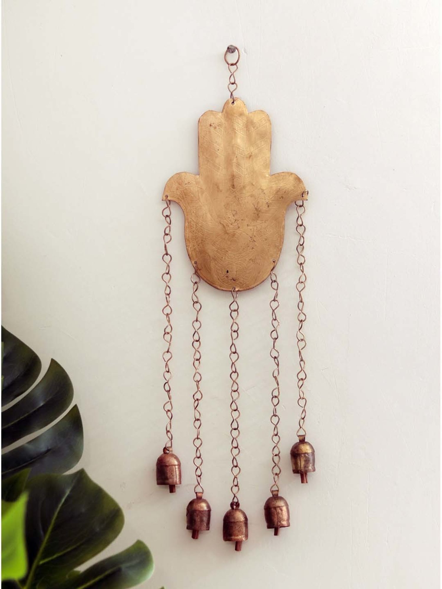 Unravel India Gold Humsa Hand Kutch Decorative Windchimes With Copper Bells