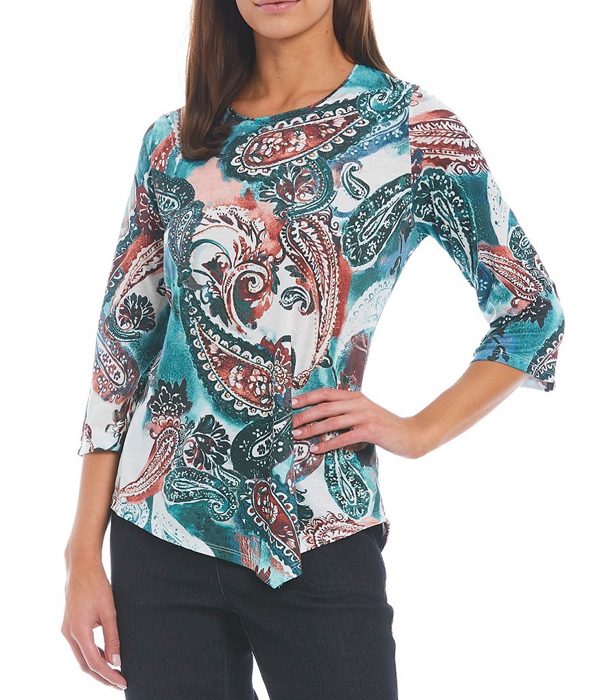Allison Daley Knit Watercolor Paisley 3/4 Sleeve Crew Neck Asymmetrical Hem Top