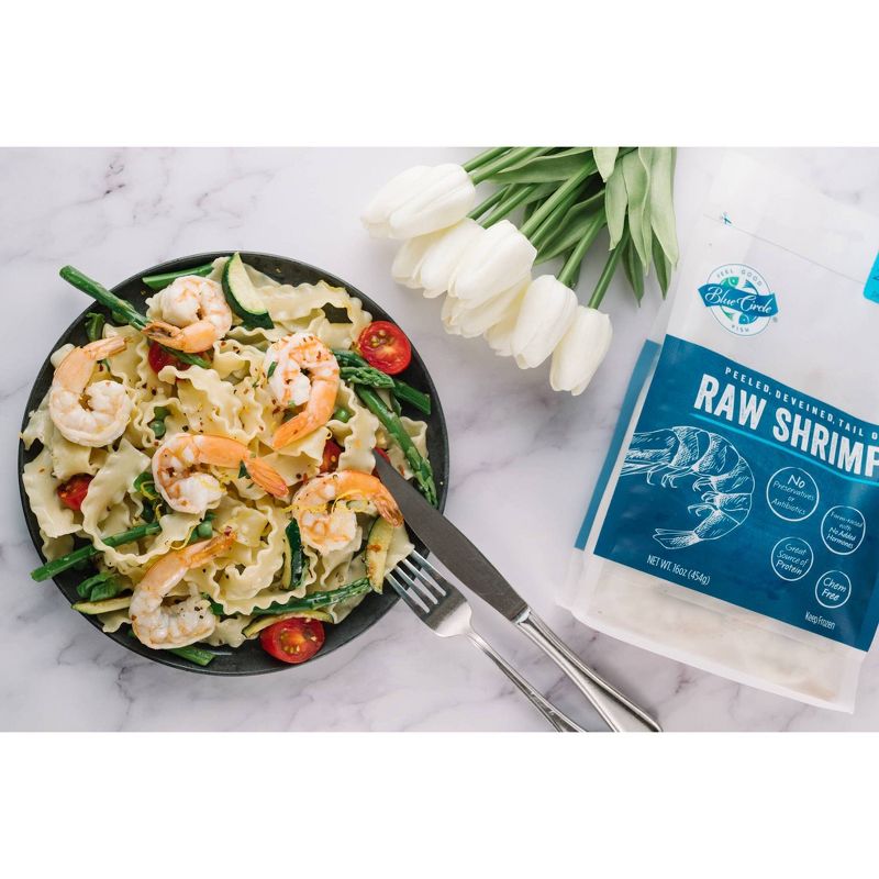 Blue Circle Peeled, Deveined, Tail-On Raw Shrimp - 26/30ct per pound - Frozen - 16oz