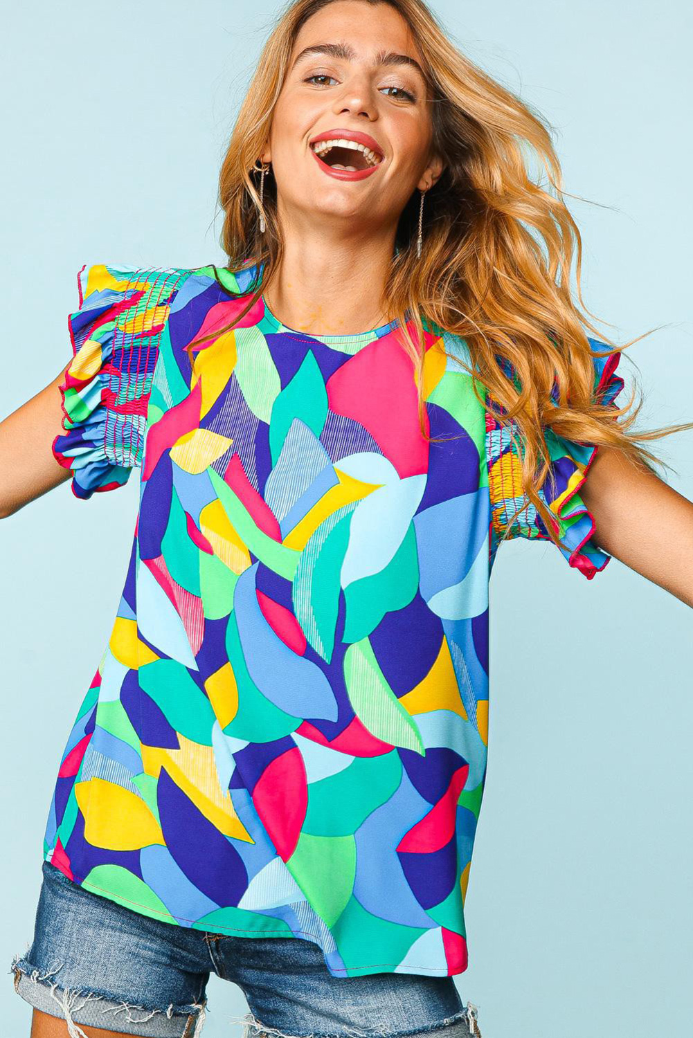 Multicolor Abstract Print Ruffle Sleeve Casual Blouse for Women