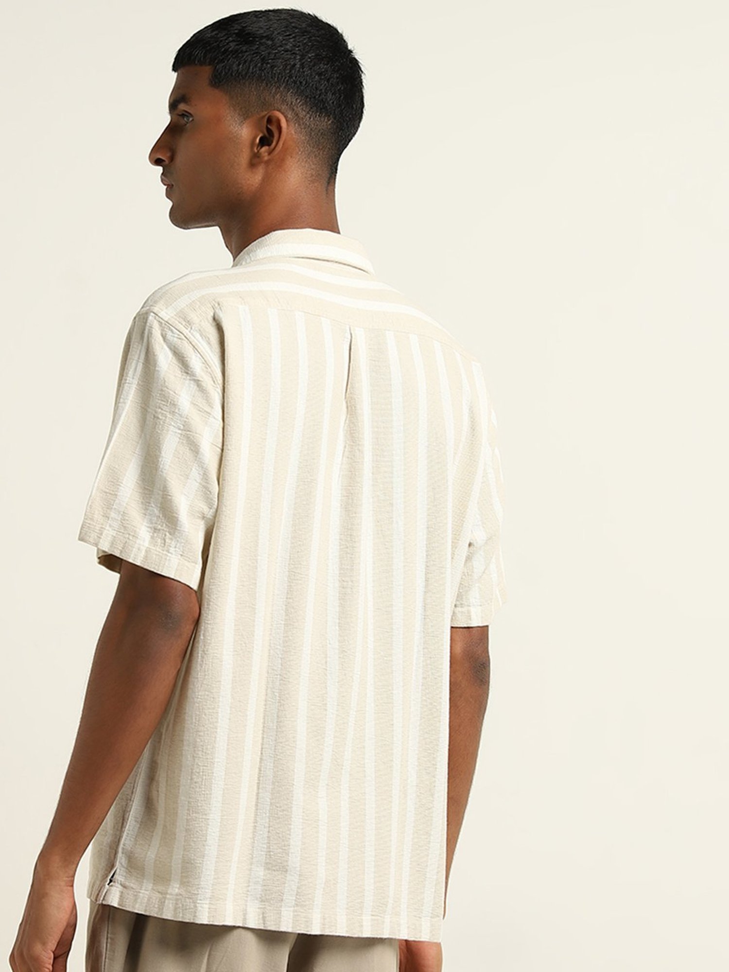 ETA by Westside Light Taupe Striped Relaxed-Fit Cotton Shirt