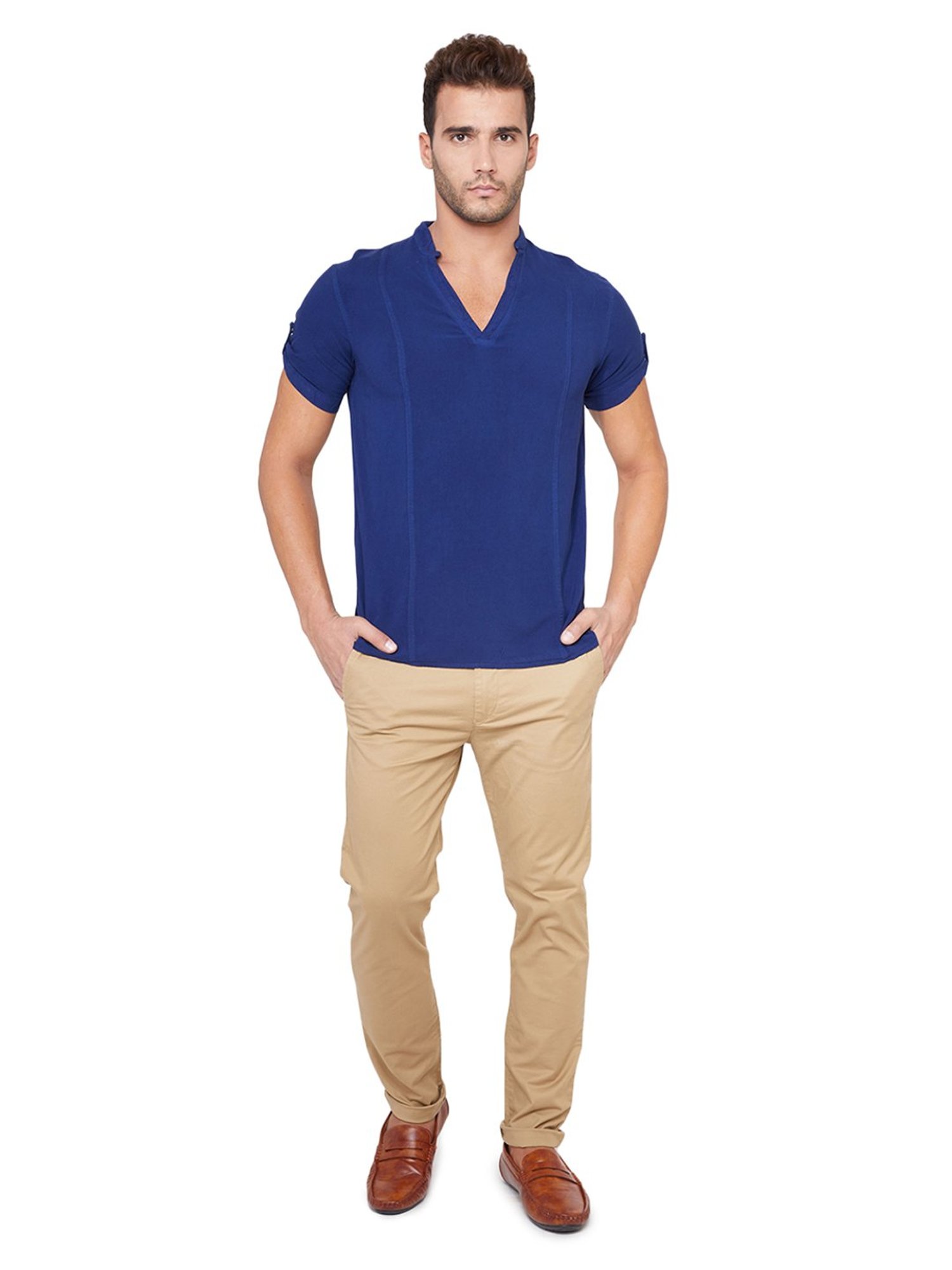 Identiti Navy Blue Slim Fit Short Kurta