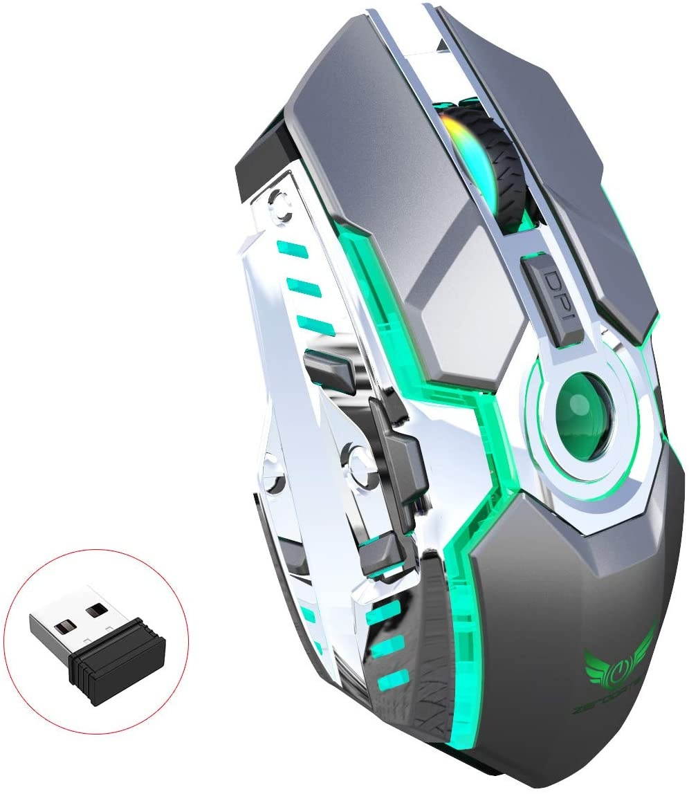 Rechargeable 2.4G Wireless Gaming Mice with USB Receiver and RGB Colors Backlit for LaptopComputer PC and MacBook (600 Mah Lithium Battery) (Gray)