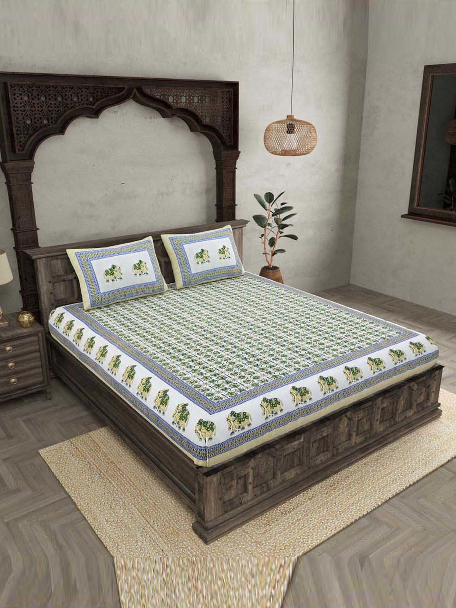 JaipurFabric Sea Green Cotton 180 TC Double Bedsheet with 2 Pillow Covers