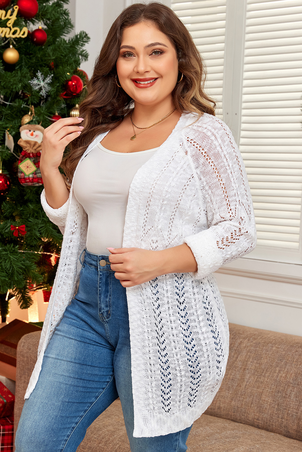 Bonbon Checkered Pattern Open Front Plus Size Cardigan