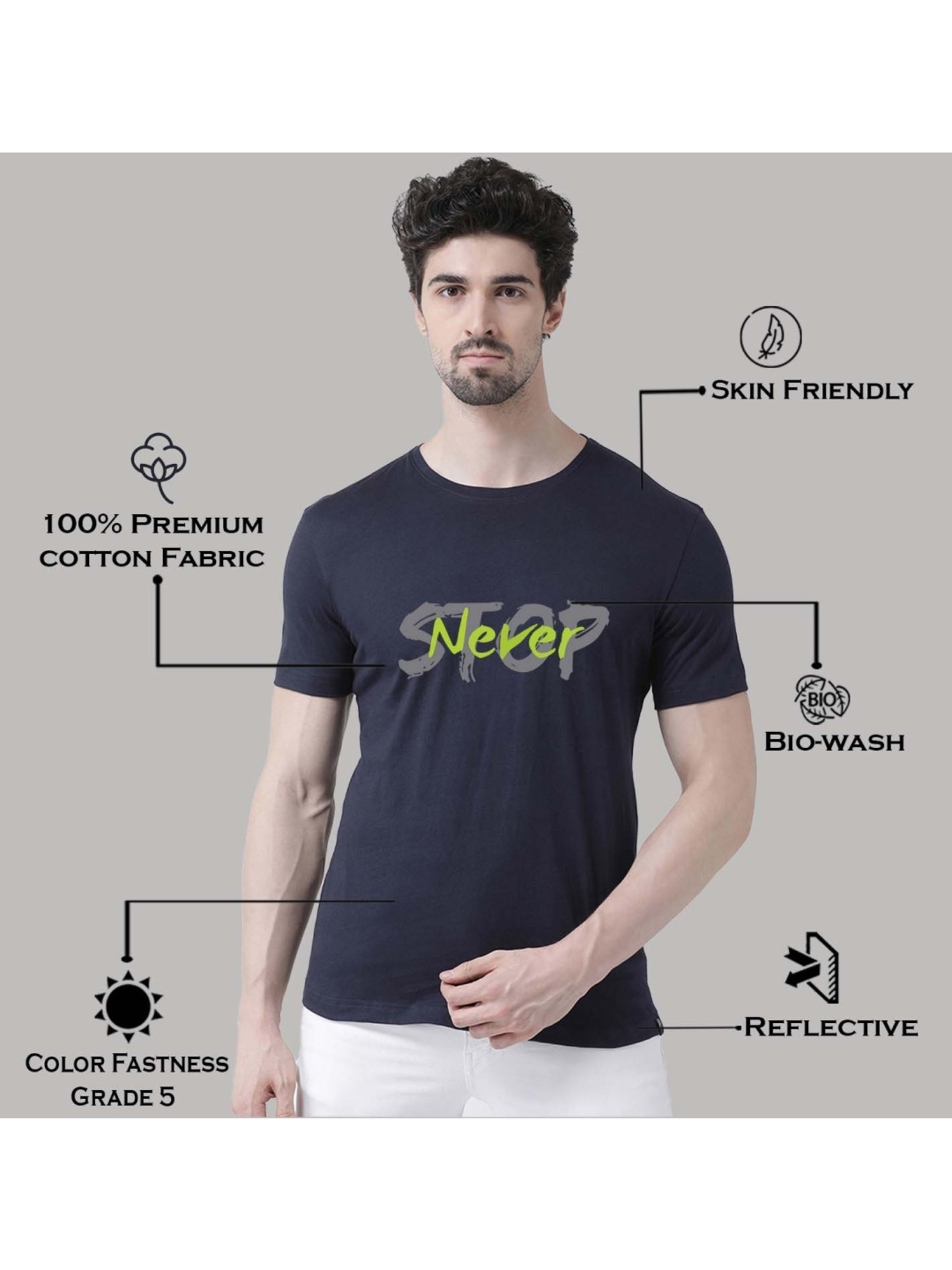 Friskers Navy Blue Cotton Slim Fit Printed T-Shirt