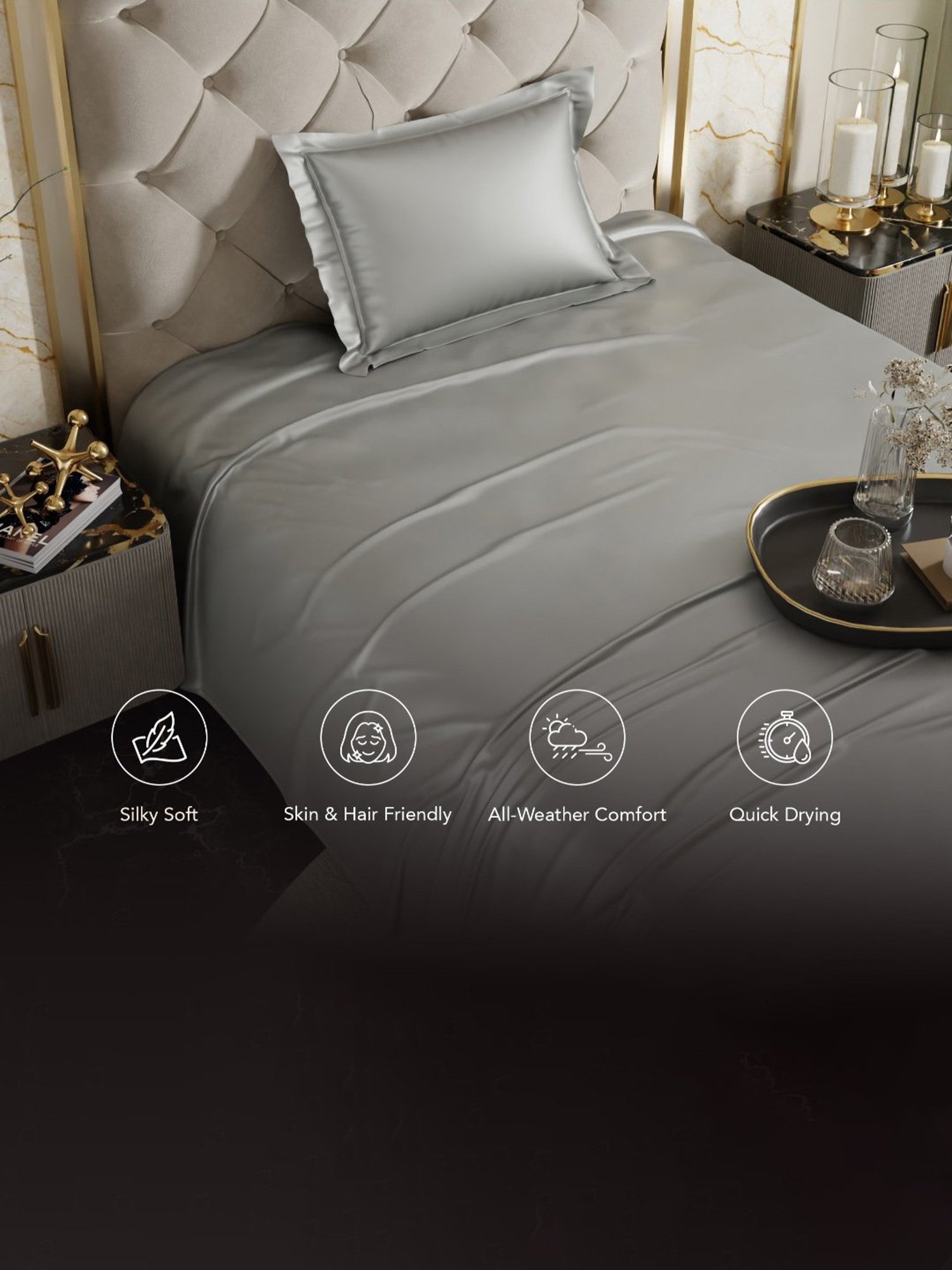 Stoa Paris Date Night Silver Polyester 300 TC Single Bedsheet with 1 Pillow Cover