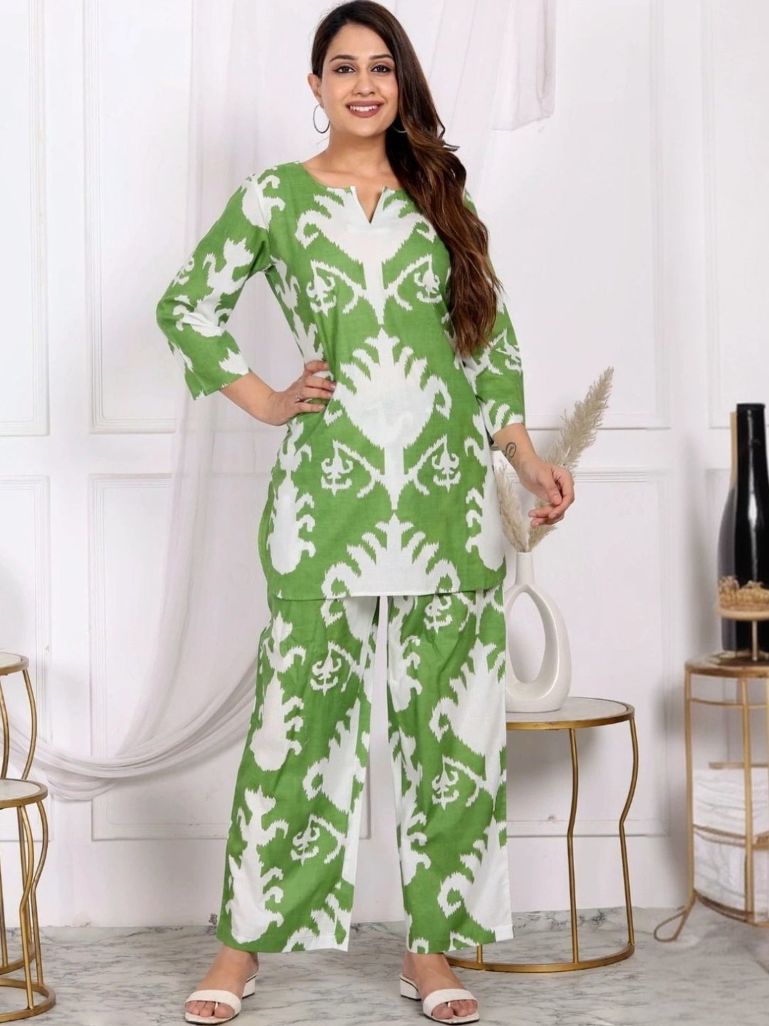 Kaftanize Sage Green Abstract Printed Cotton Short Tunic with Pant