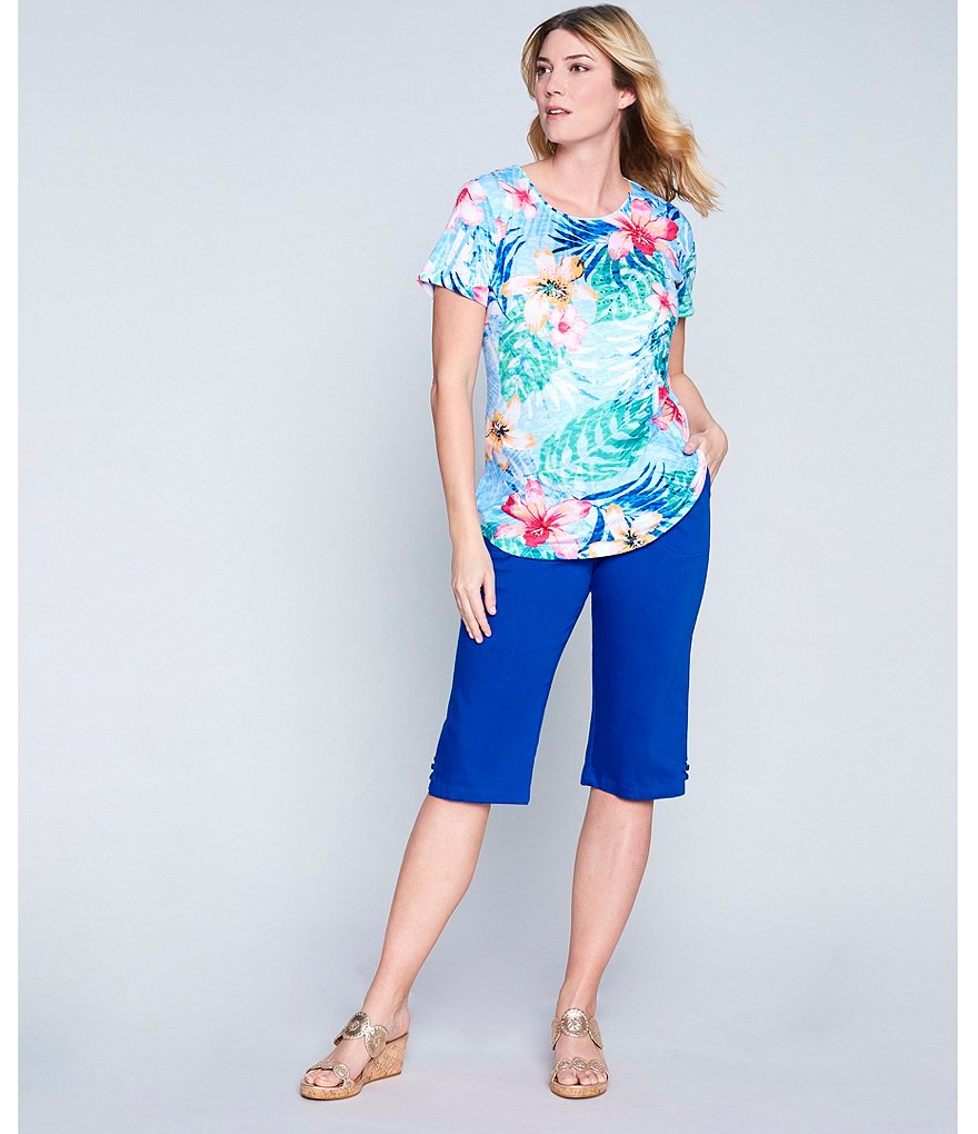 Allison Daley Petite Size Rainforest Tropical Print Embellished Front Detail Crew Neck Short Sleeve Top