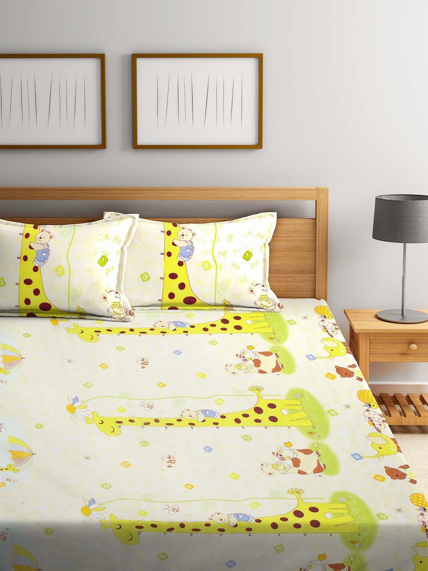 Klotthe Character based Yellow 210 TC Polyester King Bedsheet with 2 Pillow Covers