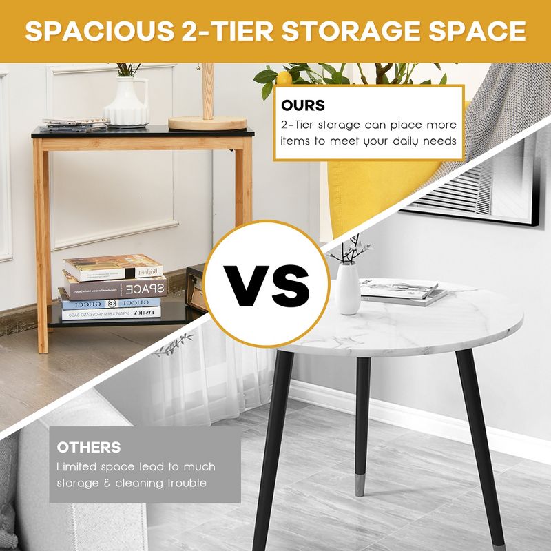 Costway Bamboo Side Table 2-Tier Sofa End Console Table w/ Storage Shelf Bedroom