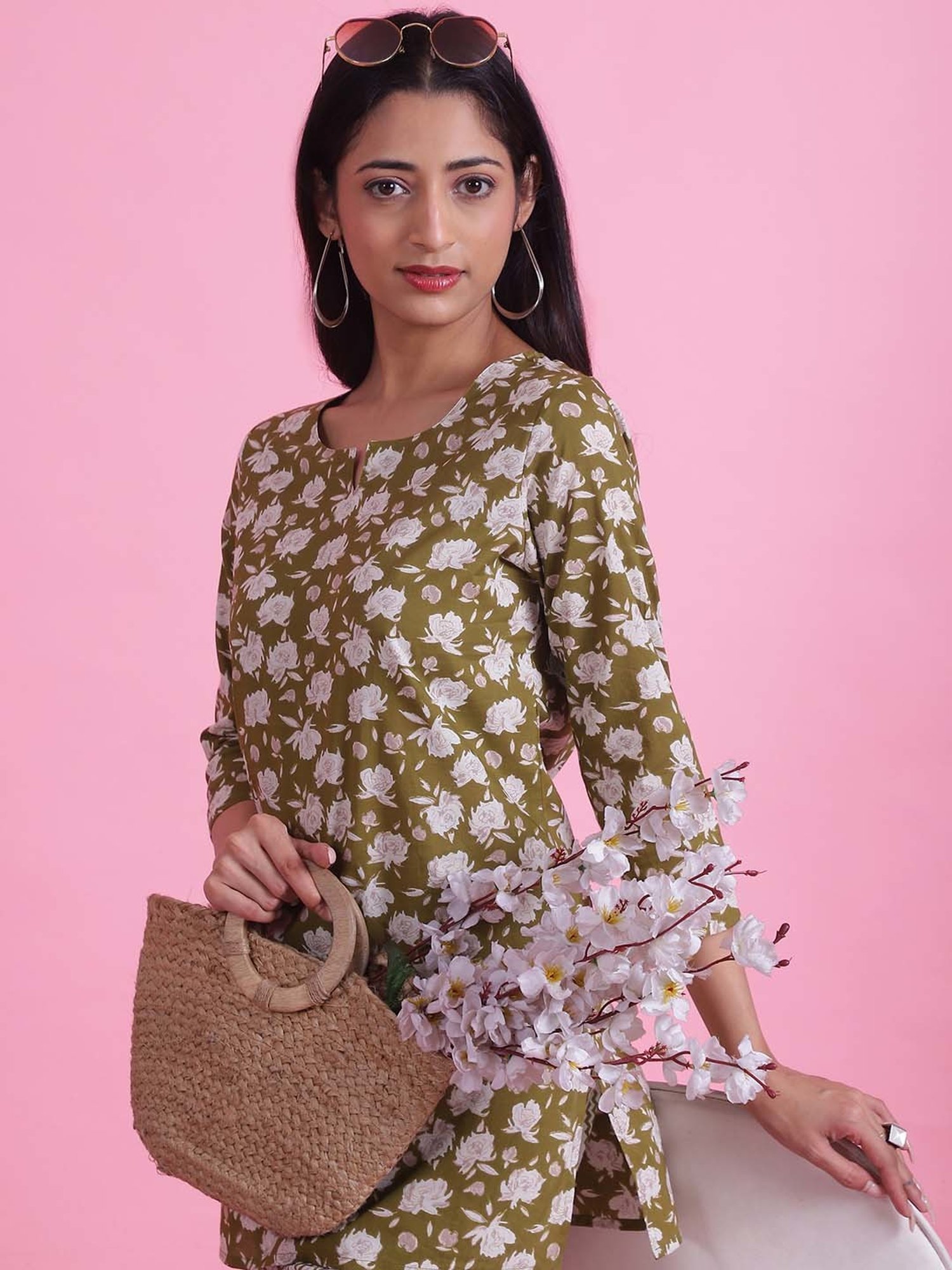 Prakrti Green & White Cotton Floral Print Top Pant Set