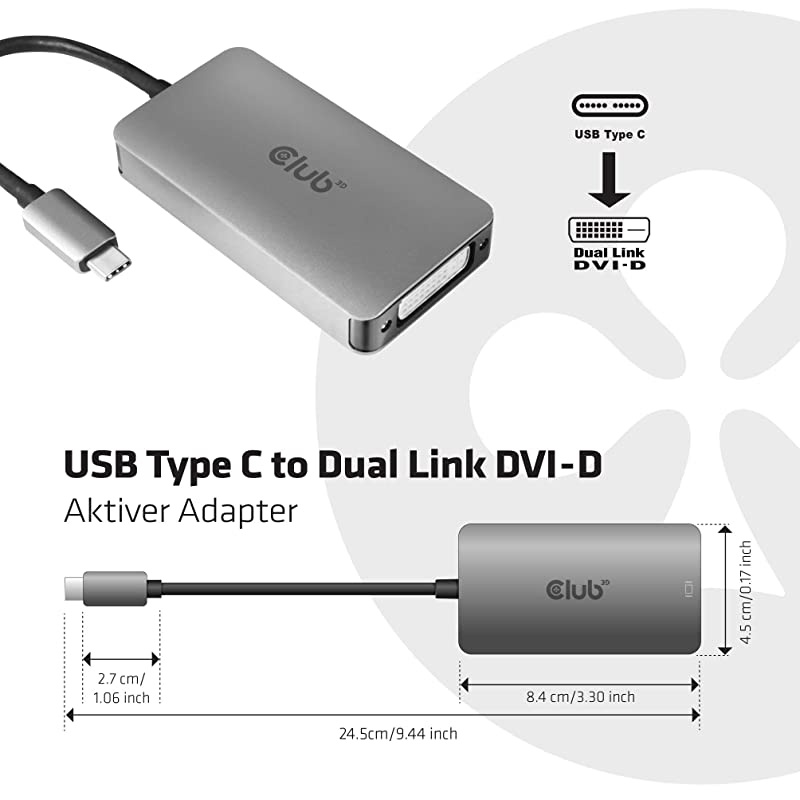3D CAC-1510-A USB C to Dual Link DVI-D Adapter HDCP Off for Apple Cinema Displays, 3840x2160@30hz, 2560x1600@60Hz