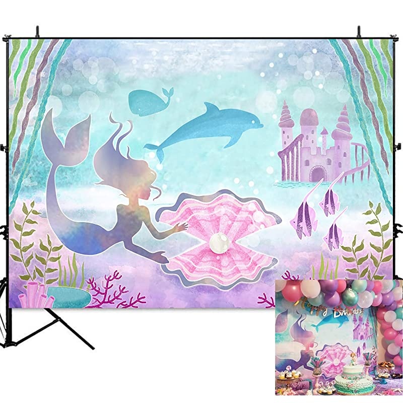 Under The Sea Little Mermaid Birthday Backdrop Banner for Girls Castle Whale Pearl Princess Mermaid Birthday Party Decorations Supplies Cake Table Background 7x5ft