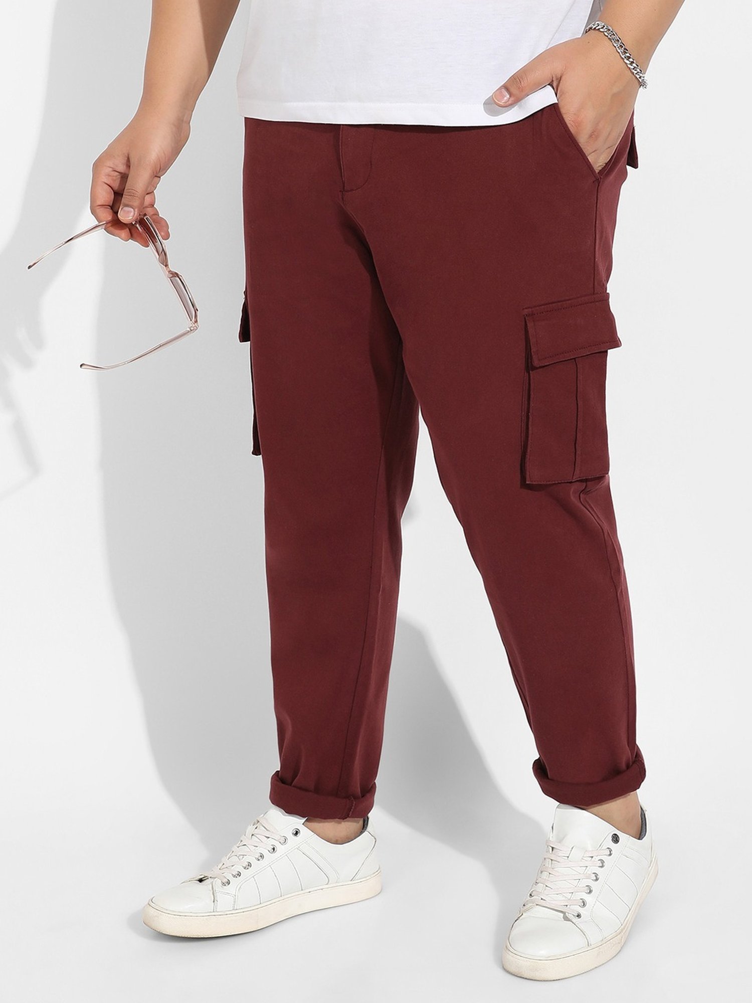 Instafab Plus Maroon Regular fit Plus Size Cargos