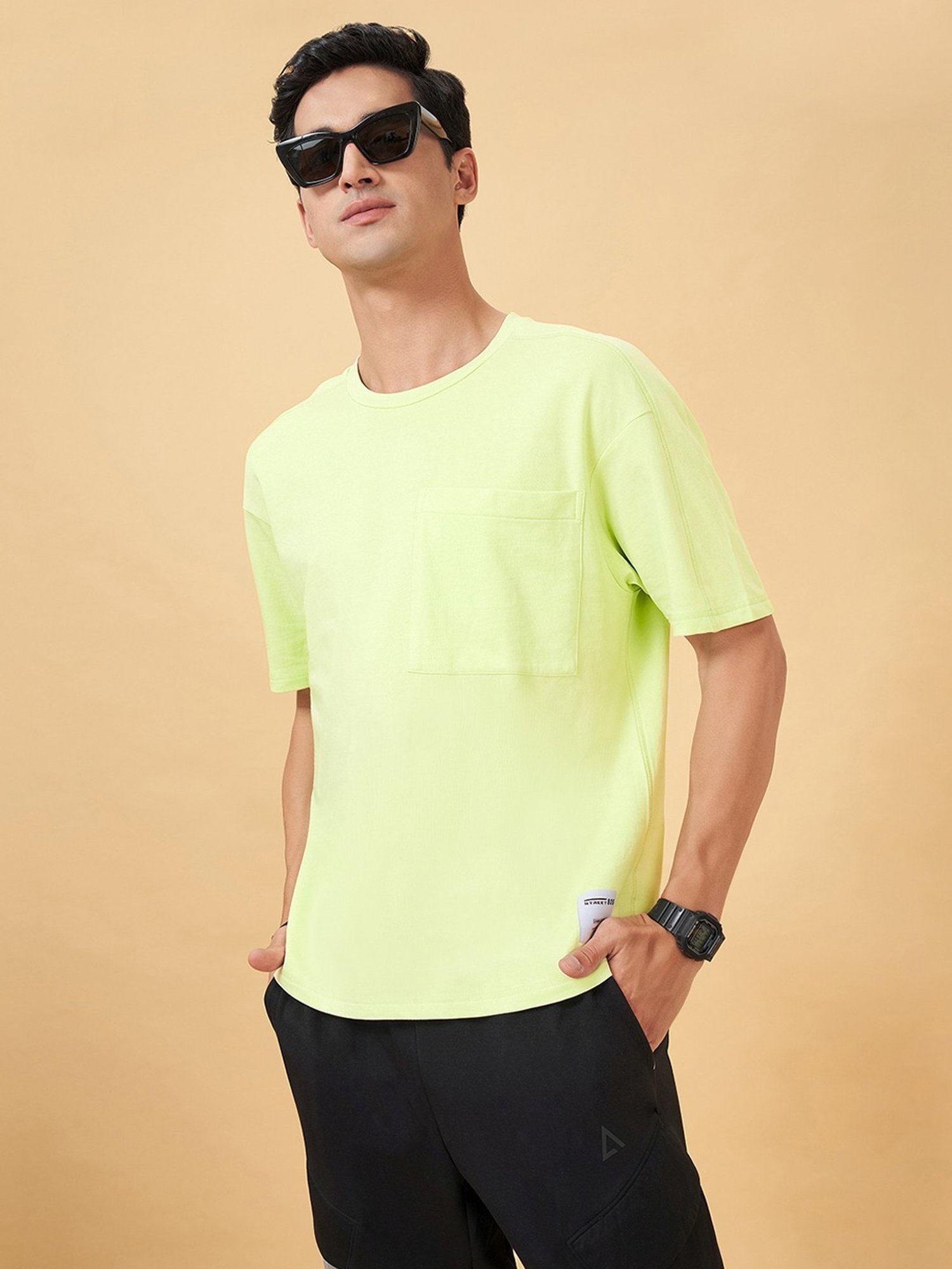 Street 808 By Pantaloons Lime Cream Cotton Loose Fit Printed T-Shirt