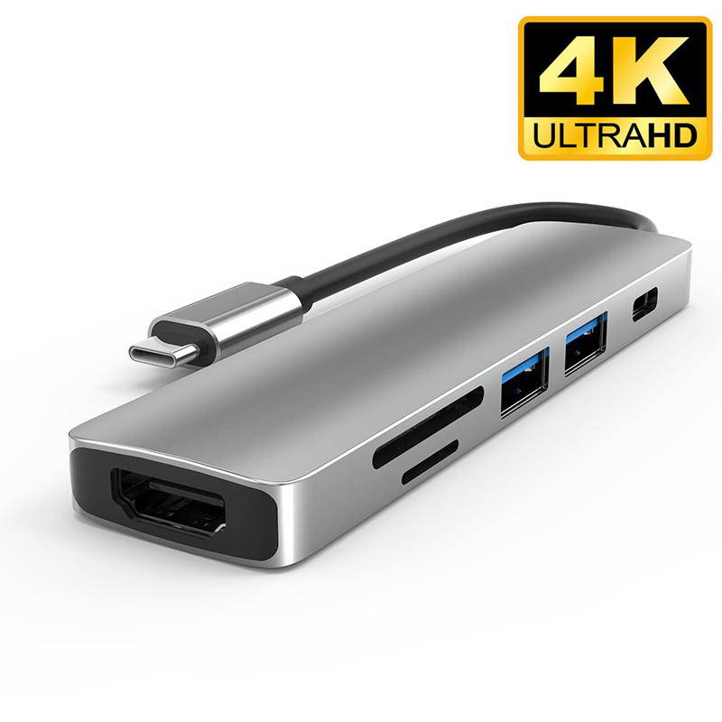 USB C Hub, 6 in 1 Type C Aluminum Hub Adapter MacBook Pro Accessories with 2 x USB 3.0 Ports, TF/SD Card Reader, USB C Port with 40Gb/S Speed, 4K HDMI Support for MacBook Pro 13? and 15?2016-2018