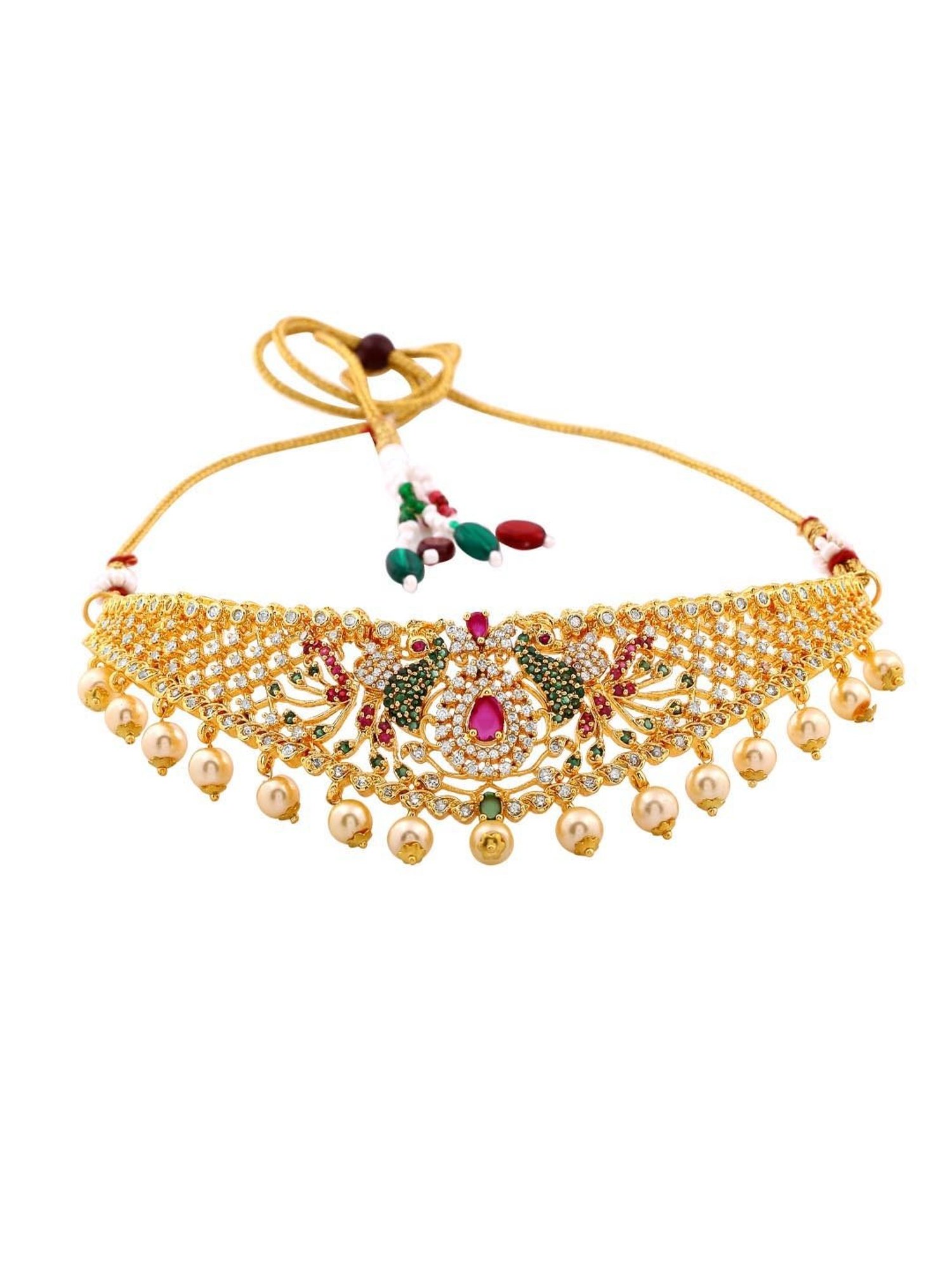 Estele Gold-Plated CZ Peacock Designer Bridal Choker Necklace Set with Pearls for Women