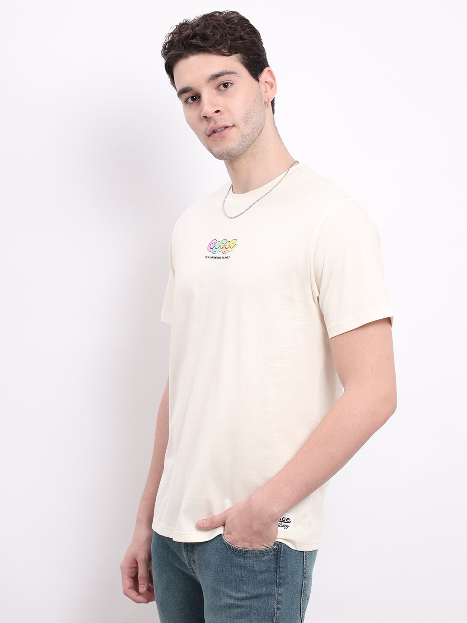 Lee Light Beige Comfort Fit Graphic Print Cotton Crew T-Shirt
