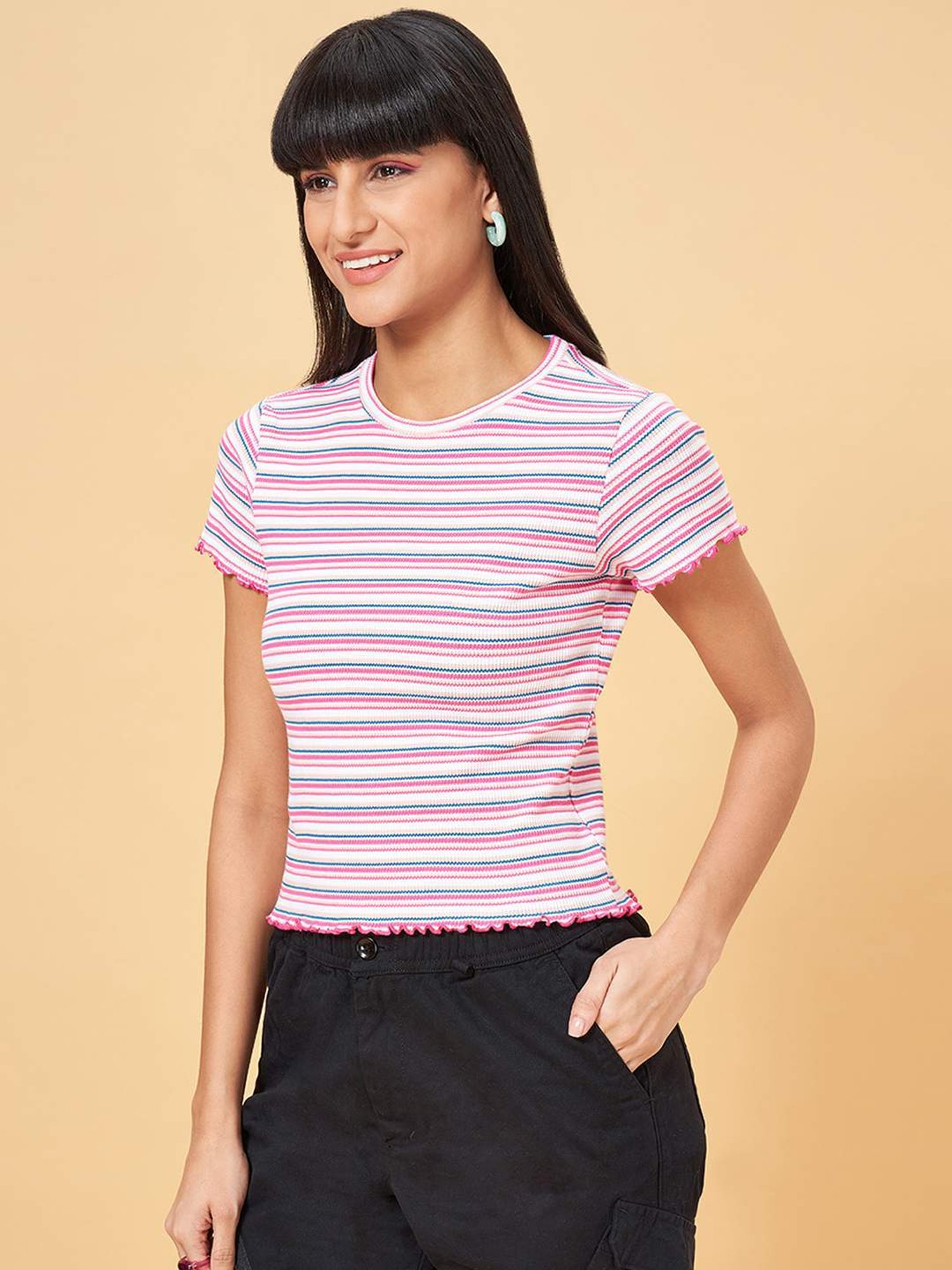 People by Pantaloons Multicolored Cotton Striped T-Shirt