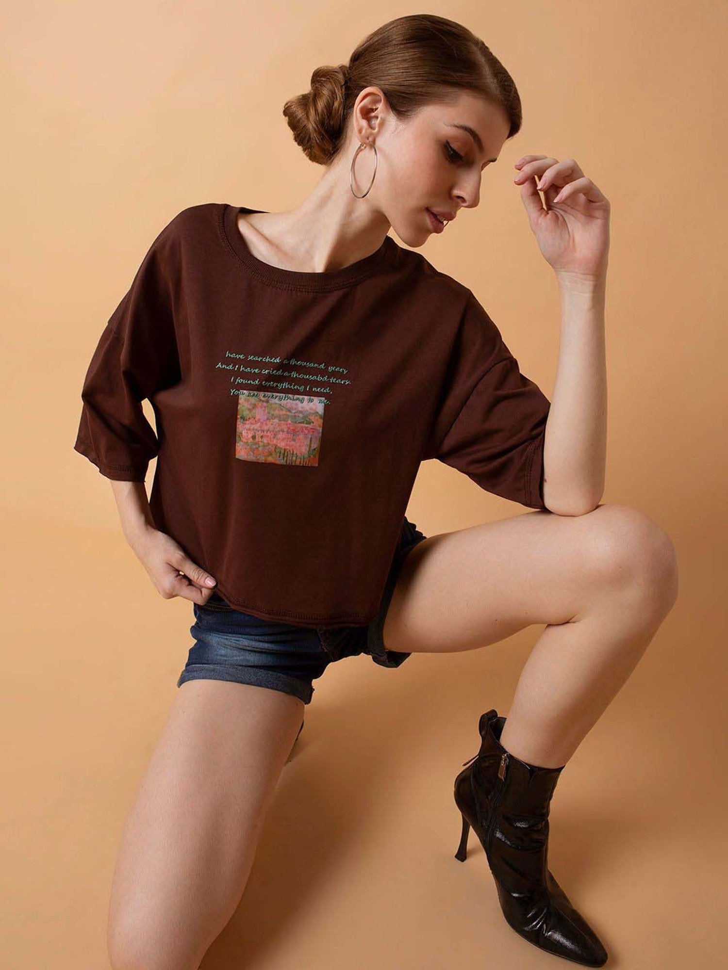 SHOWOFF Brown Cotton Printed T-Shirt