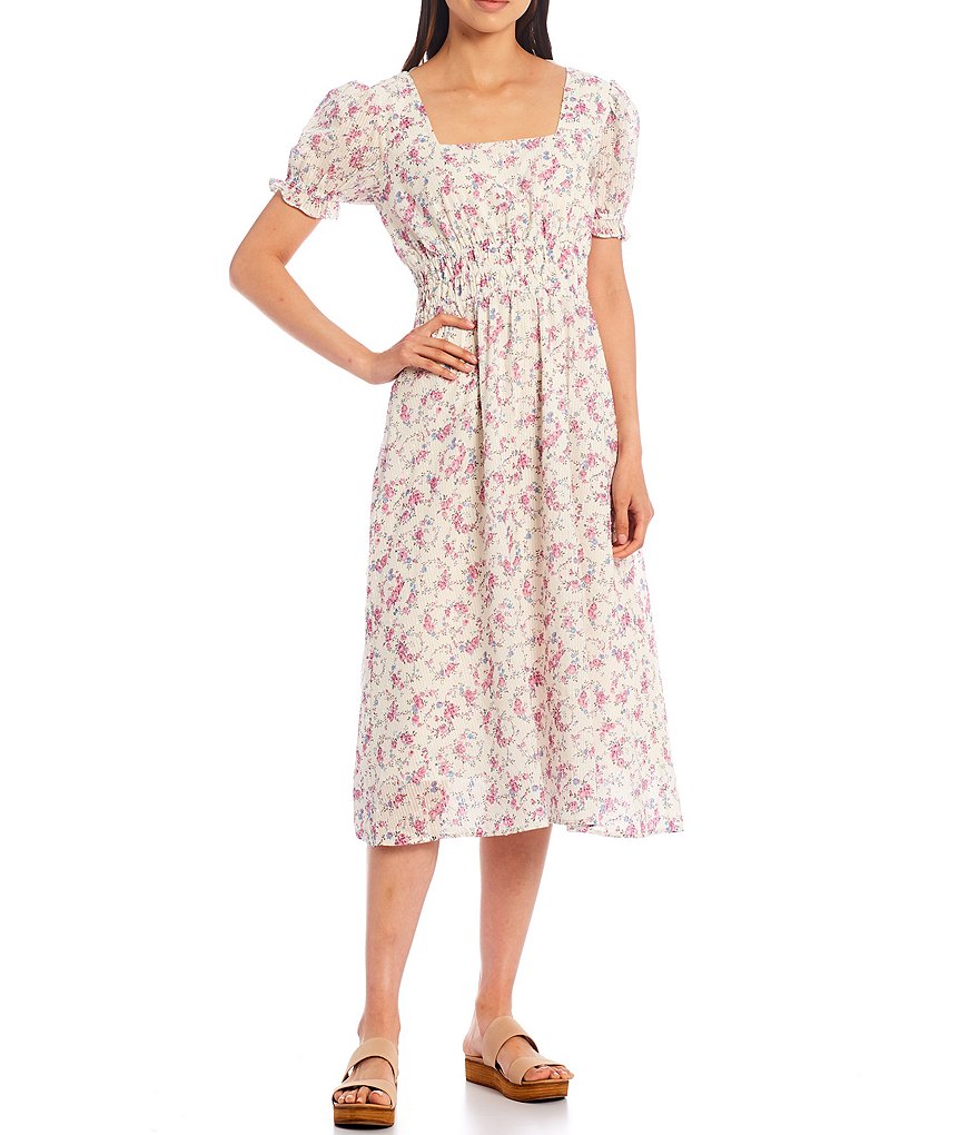 Shabby Chic Freya Floral Clip Dot Square Neck Puff Sleeve Midi Dress