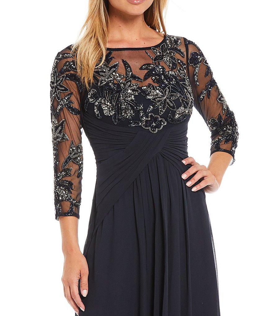 Adrianna Papell Beaded Bodice Round Neck 3/4 Sleeve Jersey Long Gown