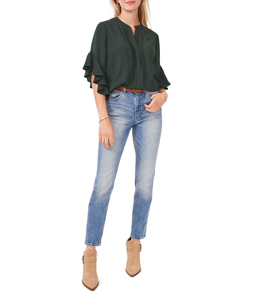 Vince Camuto Ruffled Short Elbow Flutter Sleeve V-Neck Matte Rumple Henley Blouse