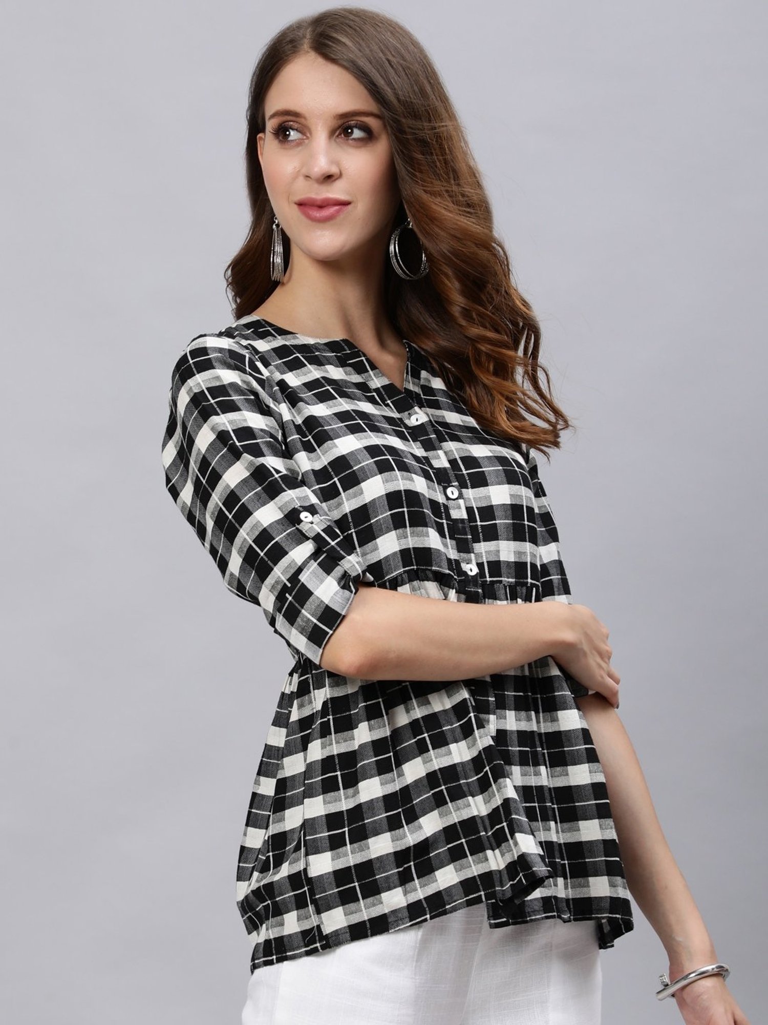 Jaipur Kurti Black & White Checked Top