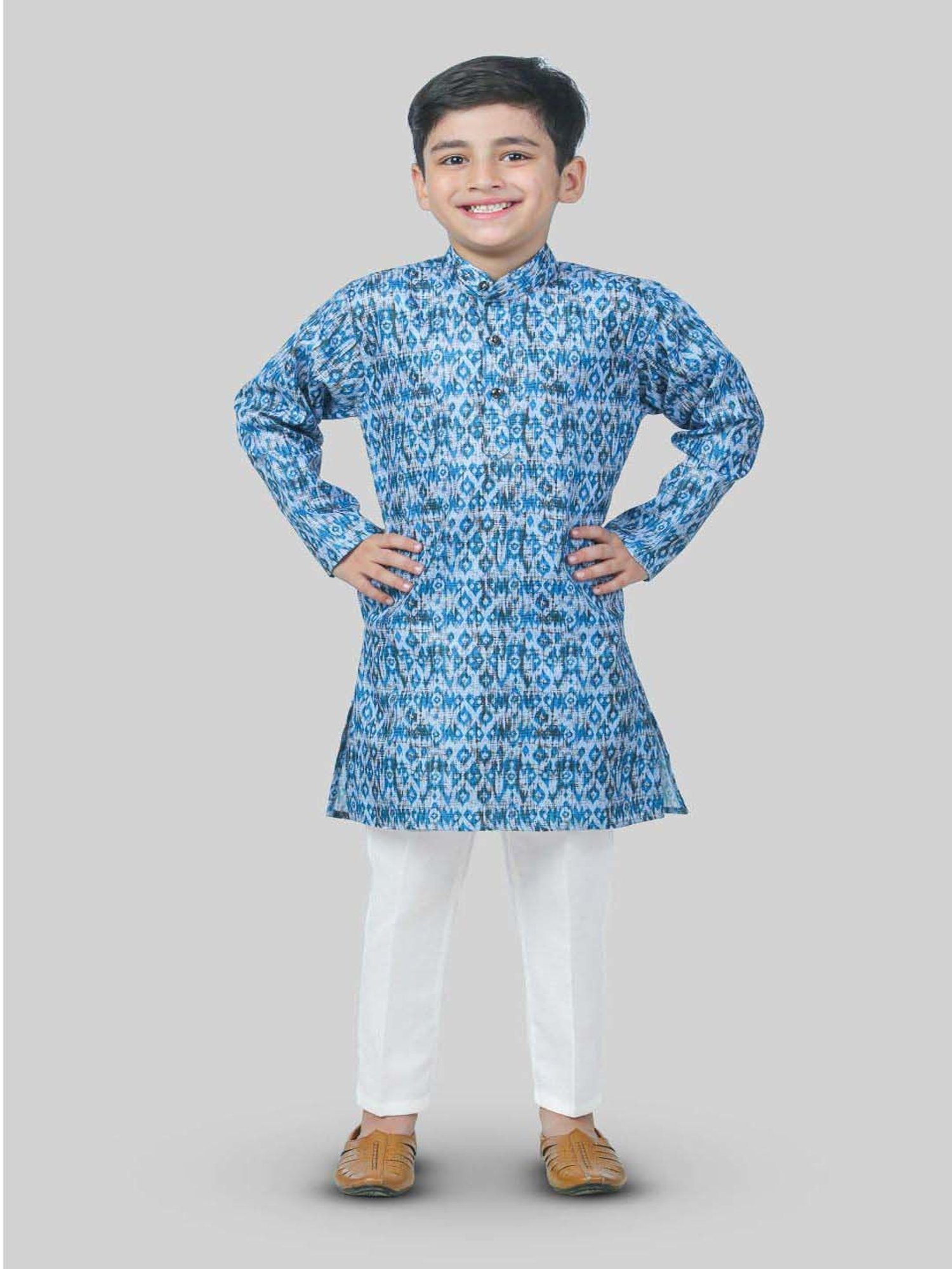 Ahhaaaa Kids Blue & White Cotton Handloom Full Sleeves Kurta Set