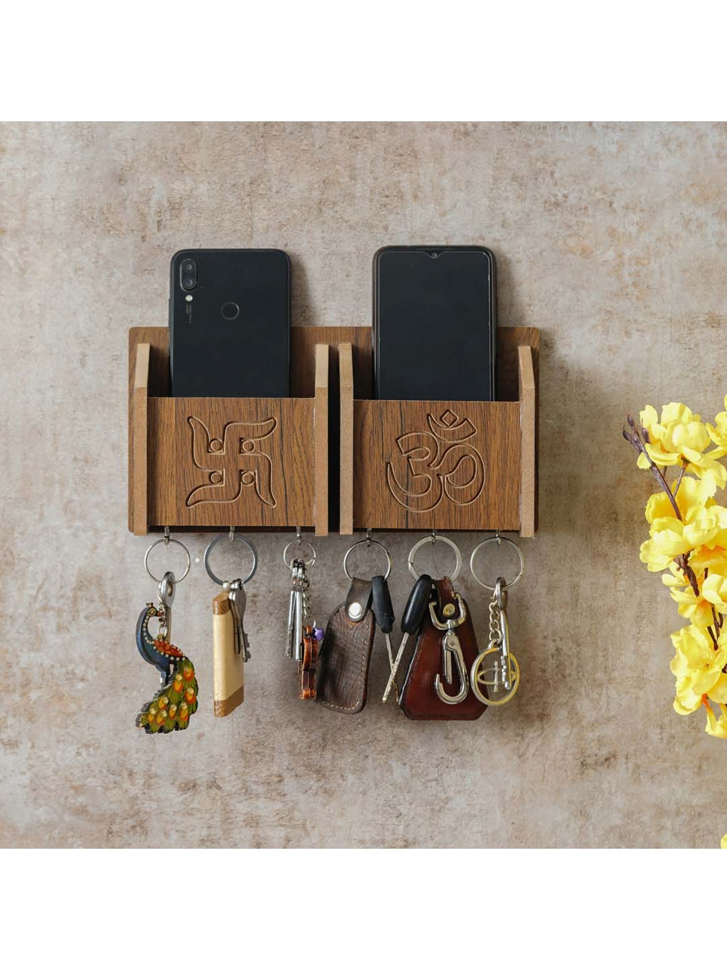 eCraftIndia Brown Wooden 6-in-1 Hook 'Swastik And Om' Keyholder With Shelf