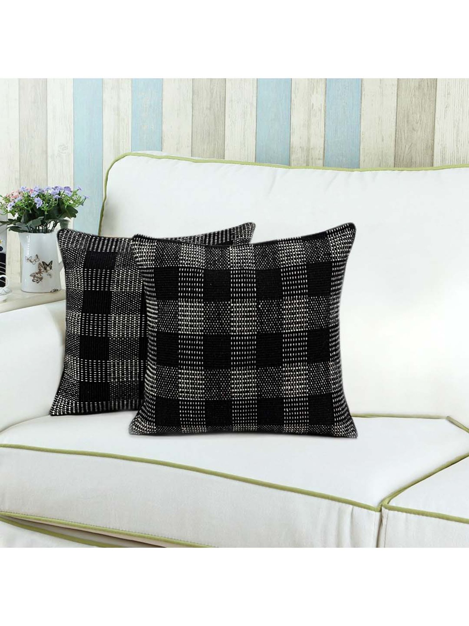 Saral Home Black Cotton Cushion Covers - Set of 2