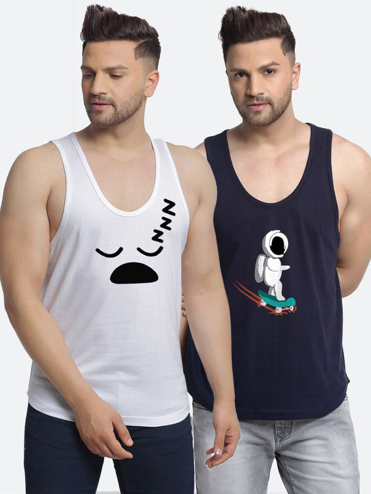 Friskers Multi Cotton Slim Fit Printed Gym Vest - Pack of 2