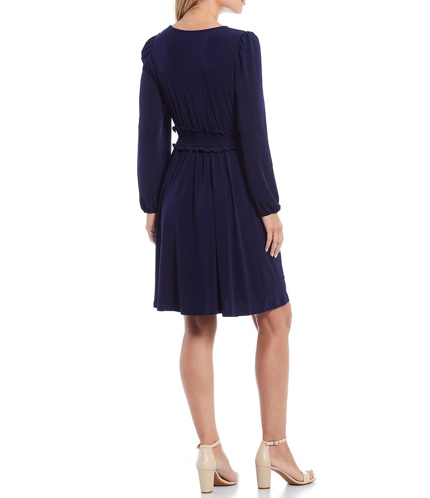 London Times V-Neck Empire Long Sleeve Smocked A-Line Dress