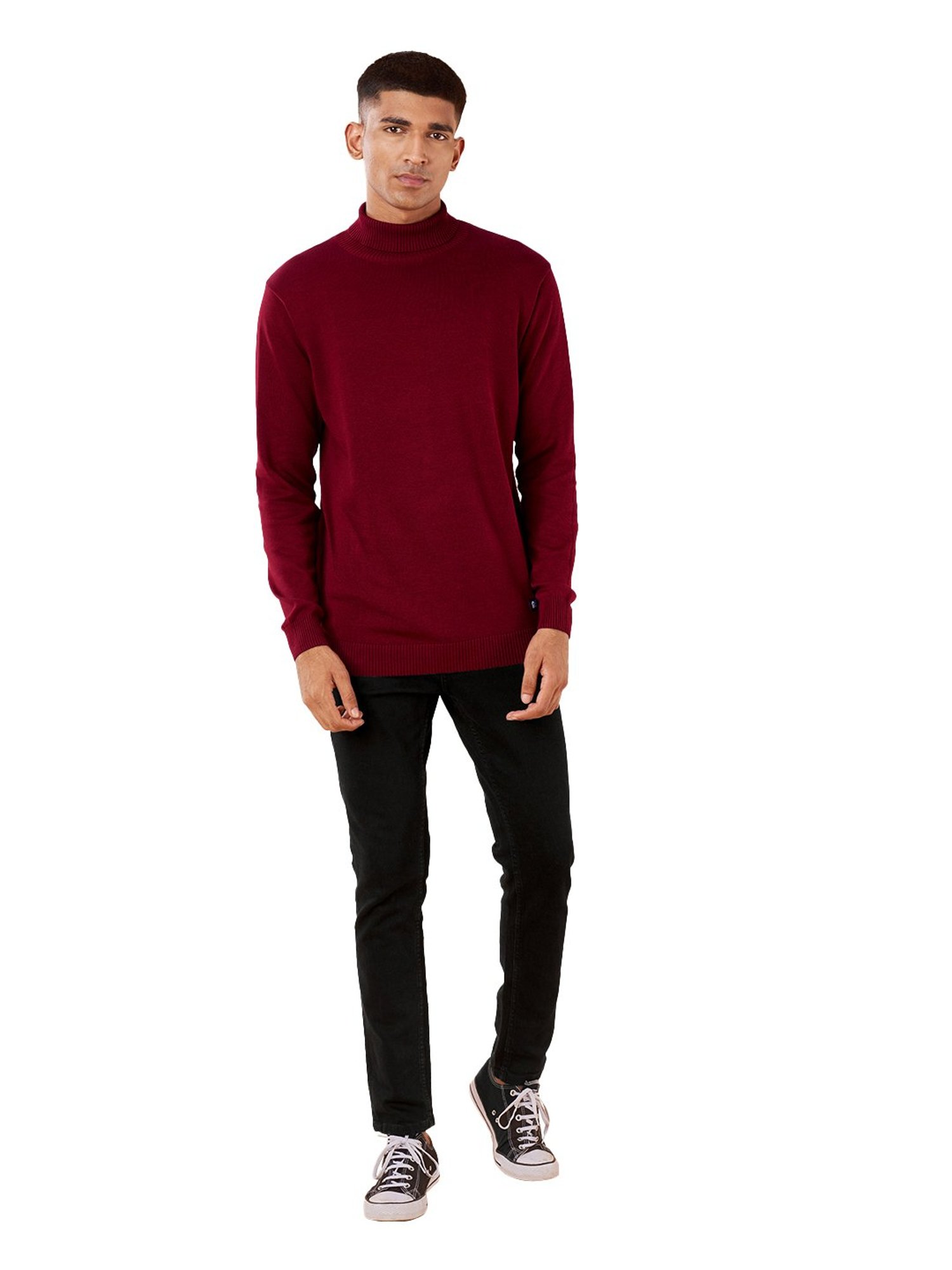 The Souled Store Maroon Regular Fit High Neck Sweater