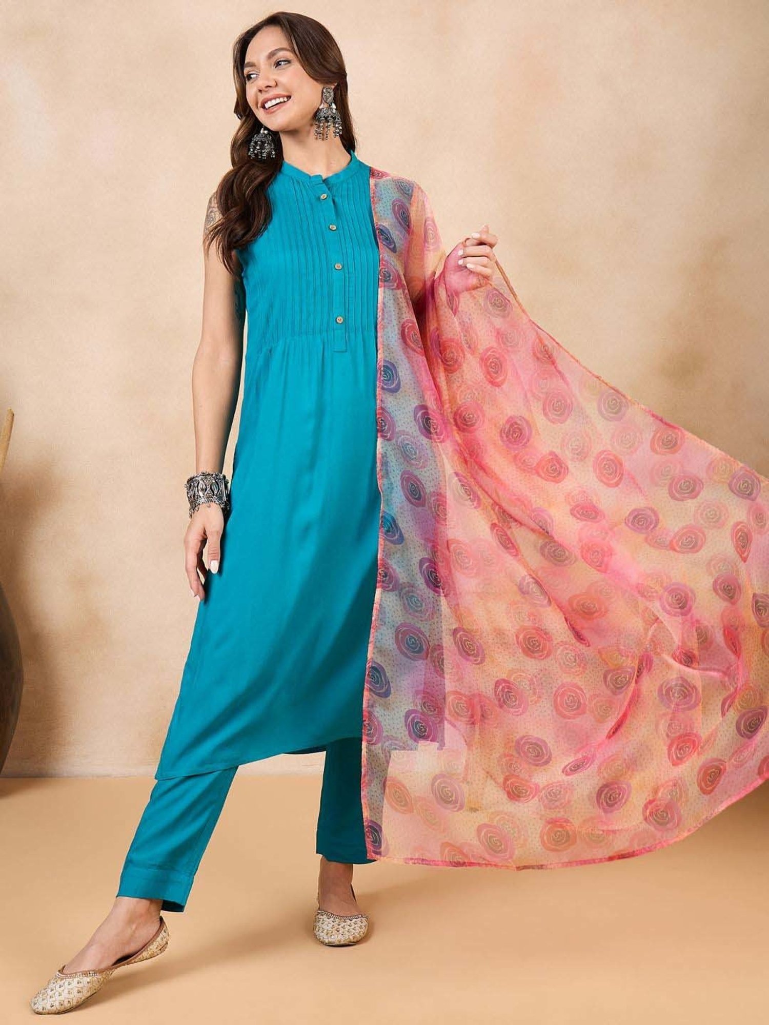 Inweave Pink & Peach Floral Print Dupatta