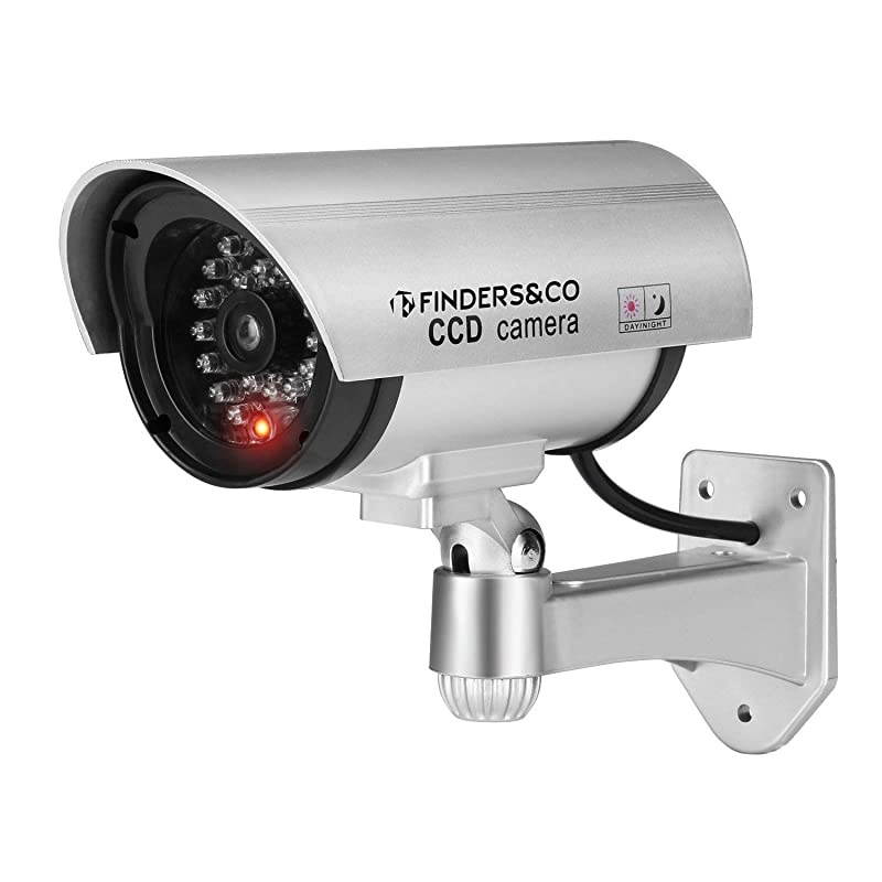 Security Camera, Fake CCTV Surveillance System with Realistic Red Flashing Lights and Warning Sticker (1, Silver)