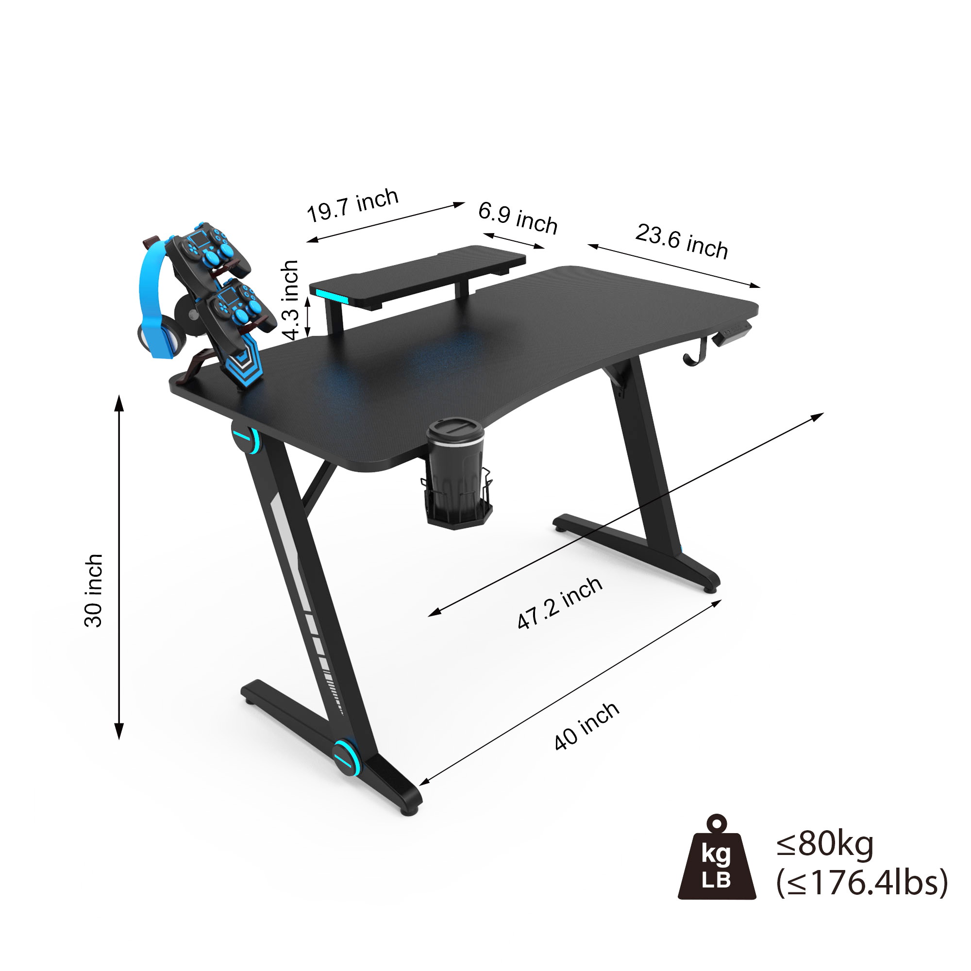 Gaming Desk Z-Shaped Computer Desk Gamer Workstation Gamer Table with RGB Lights Monitor Stand Carbon Fiber Surface Cup Holder Headphone Hook Plug Board Holder