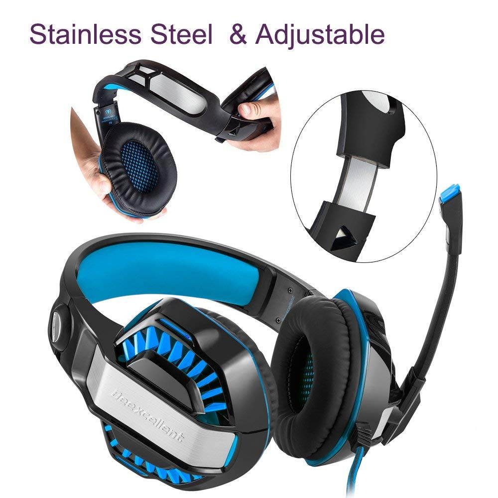 Beexcellent GM-2 Pro Gaming Over-Ear Headset with Mic, LED Lights and Volume Control Stereo Bass, Noise Cancelling, 3.5mm, for PS4 Xbox One, Laptop, PC, Tablet, Most Smartphones (Blue)