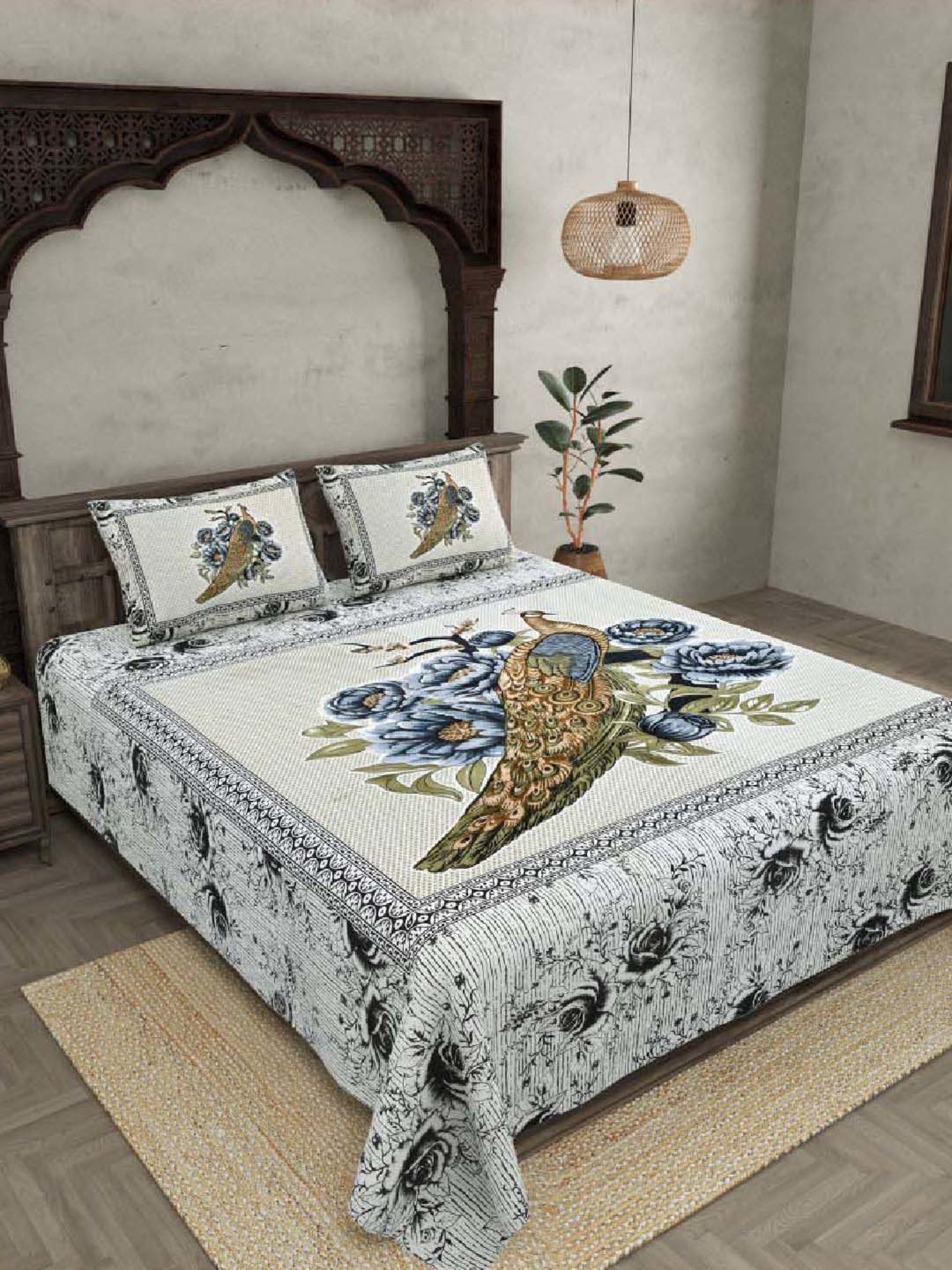 JaipurFabric Indigo 180 TC 100% Cotton Peacock Double Bedsheet with 2 Pillow Covers