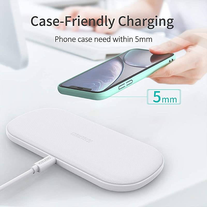 Dual Wireless Charger, 5 Coils Qi Certified Fast Wireless Charging Pad Compatible with iPhone SE 2020/11/11 Pro Max/XS Max/XR/X/8+, Galaxy S20+/S20/Note 10/S10, AirPods Pro (With Adapter)