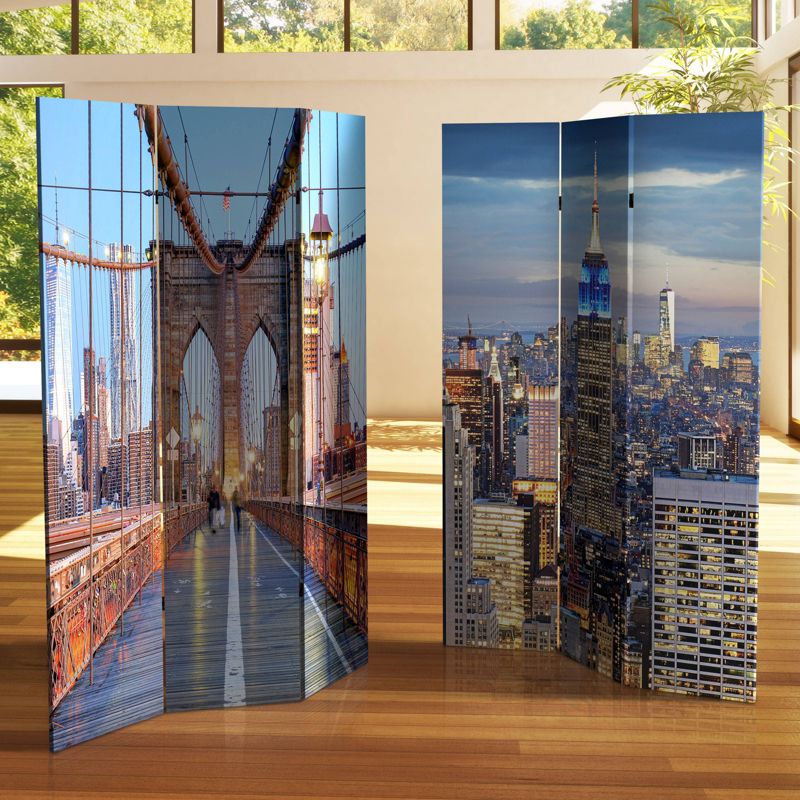 6" Double Sided Vibrant New York Bridge Canvas Room Divider Blue/Gray - Oriental Furniture